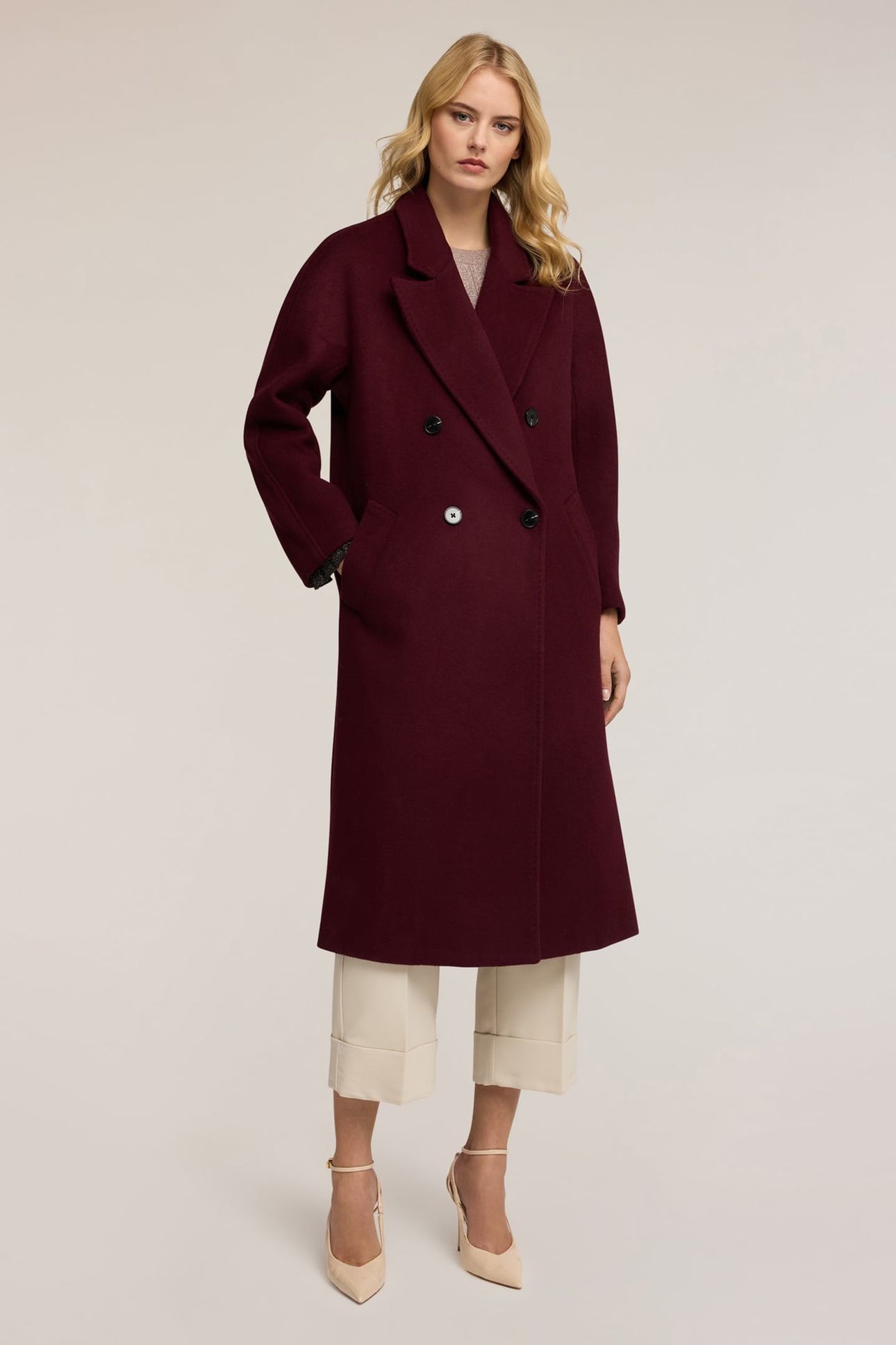 DOUBLE-BREASTED COAT IN WOOL BLEND DRAP BURGUNDY 2