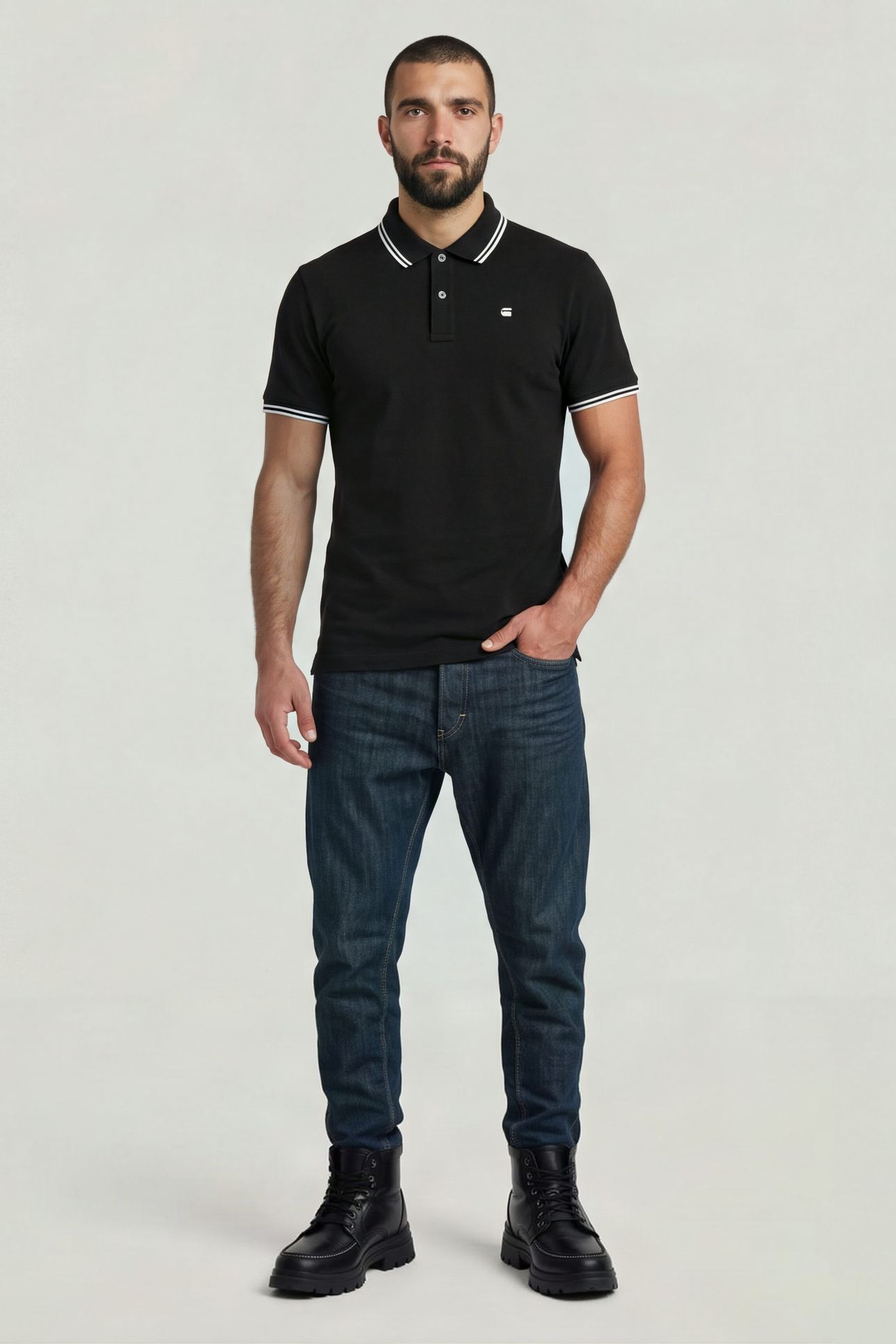 STRIPED COLLAR SLIM POLO S/S BLACK 3