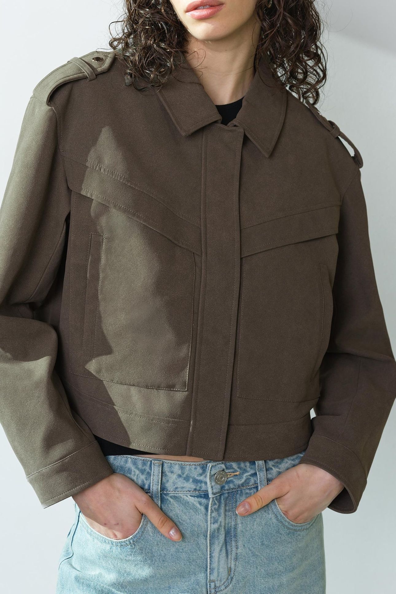 LARISSA FAUX SUEDE BOMBER VINTAGE KHAKI 1