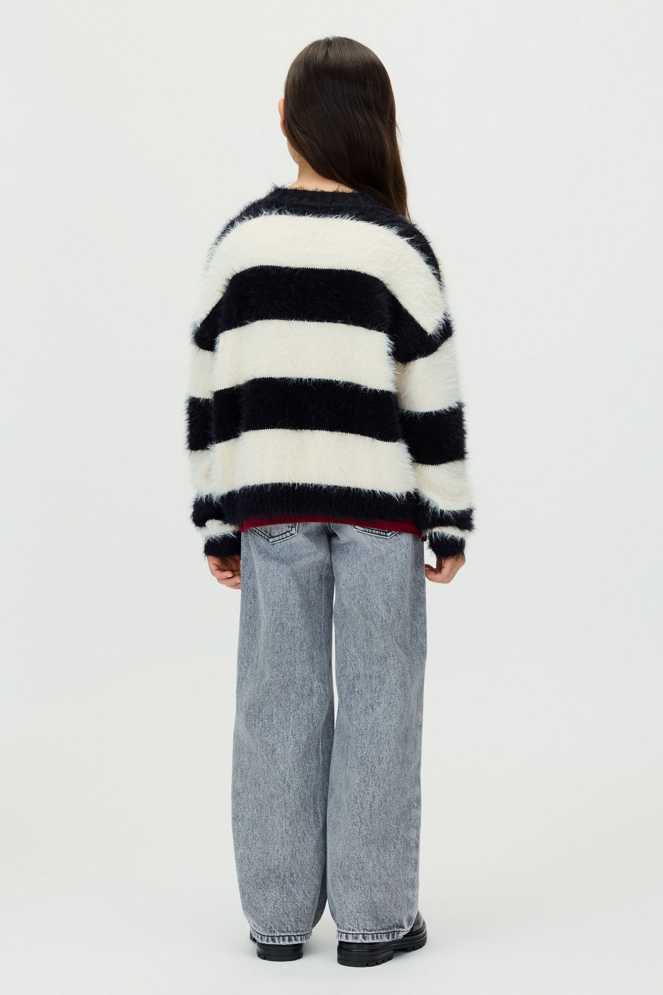 GIRLS STRIPE CN SWEATER WHITECAP GRAY/BLACK 2