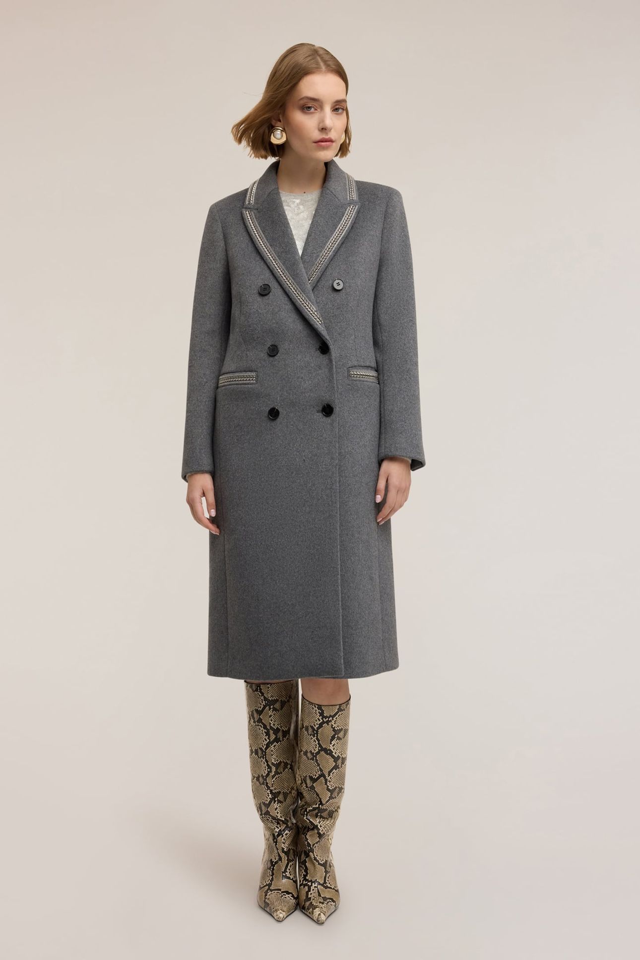DOUBLE-BREASTED COAT IN WOOL BLEND WITH DECORATIONS GREY 2