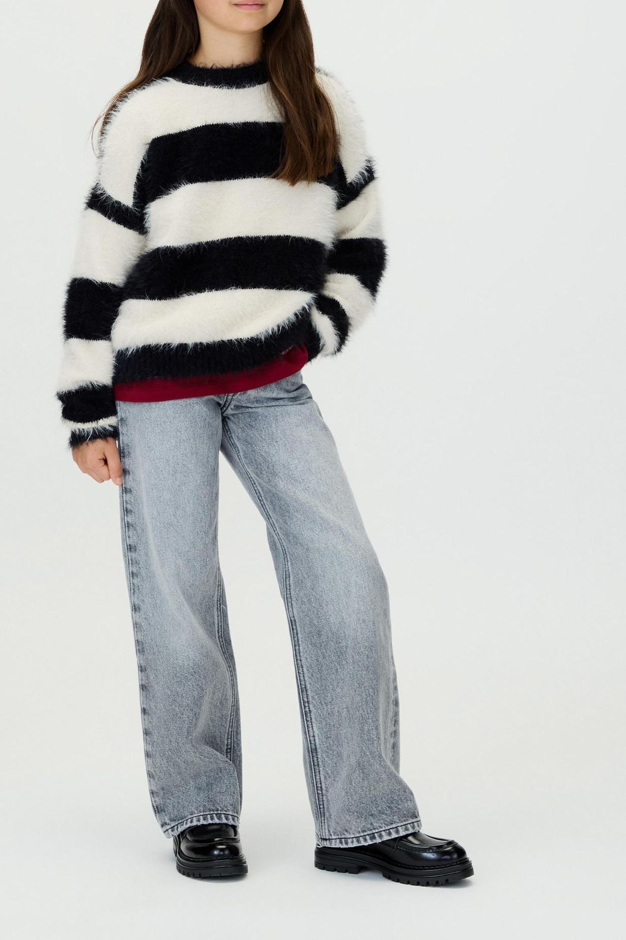 GIRLS STRIPE CN SWEATER WHITECAP GRAY/BLACK 3