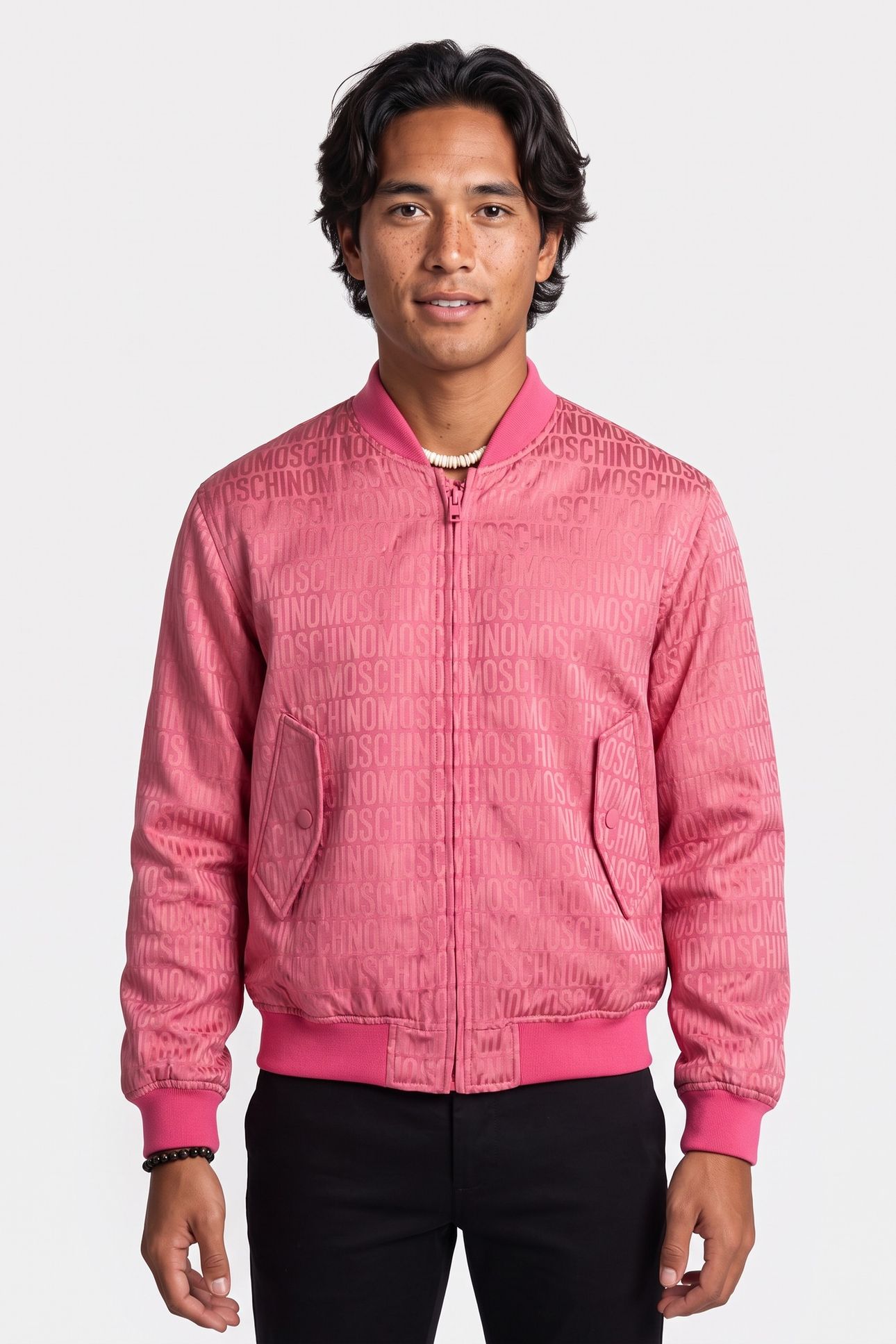 ALLOVER LOGO JACQUARD NYLON BOMBER JACKET PINK 1