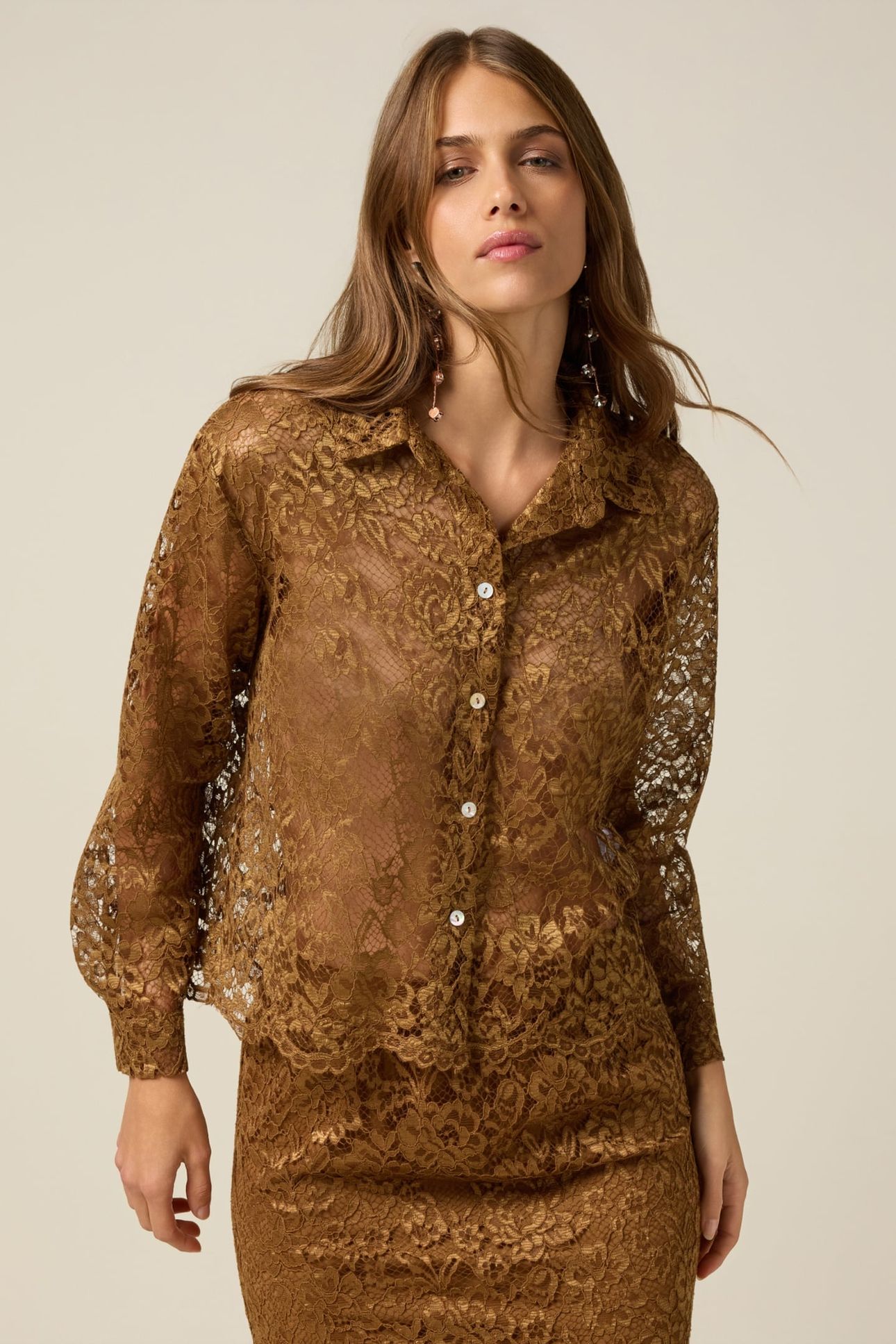 LACE SHIRT WITH SCALLOPED EDGE BROWN 1