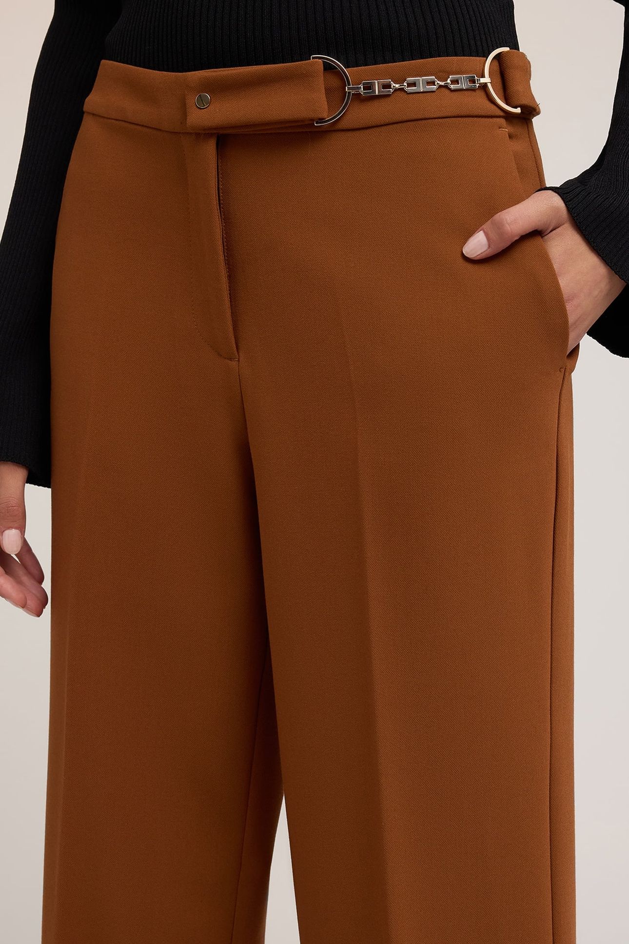 WIDE-LEG PALAZZO PANTS WITH METAL BELT LOOP BROWN 5