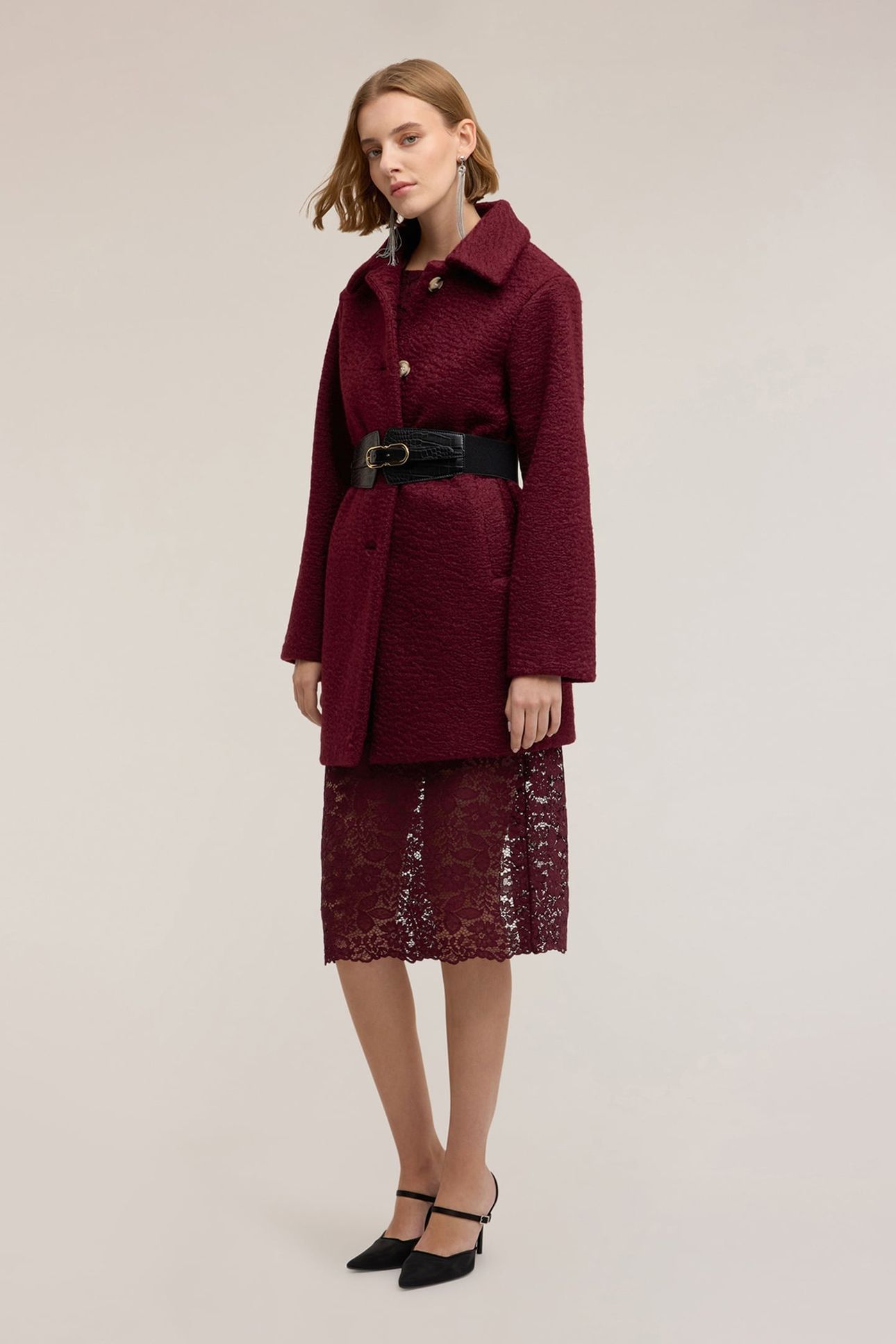 BOUCLÉ WOOL COAT BURGUNDY 2
