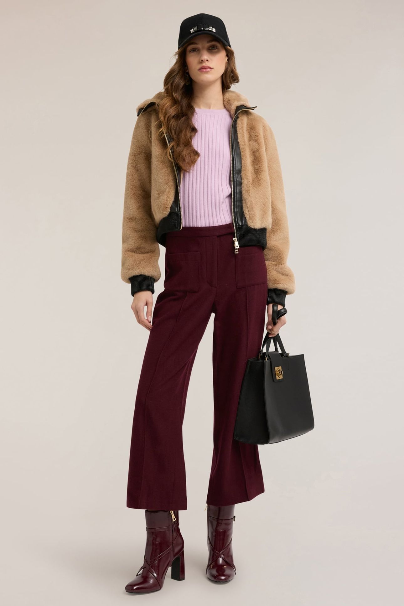 CROPPED TROUSERS IN MIXED WOOL FABRIC BURGUNDY 1