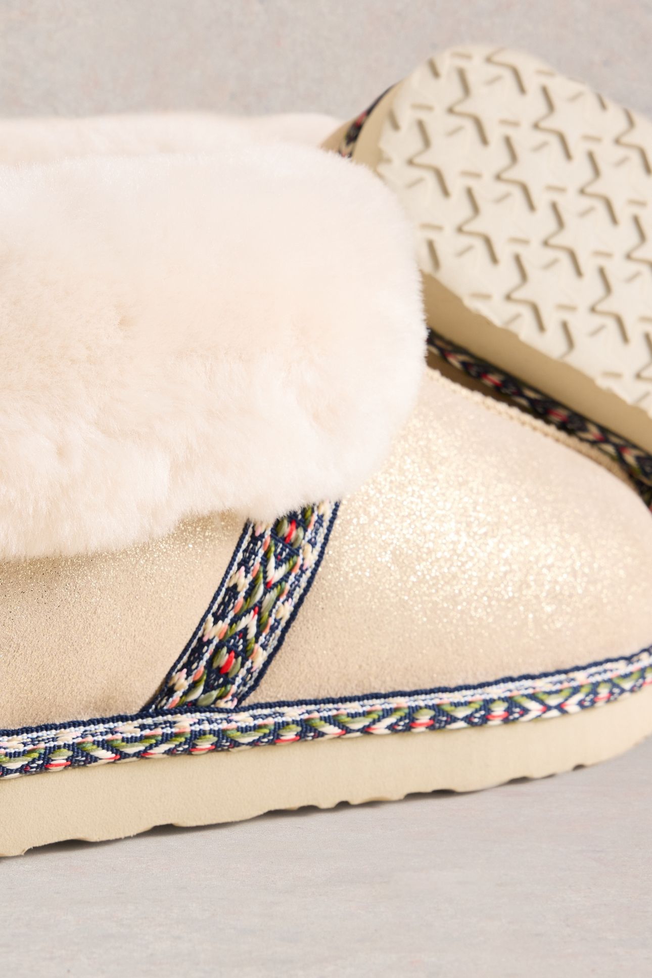 SUEDE SHEARLING SLIPPER BOOT GOLD TONE METALLIC 3
