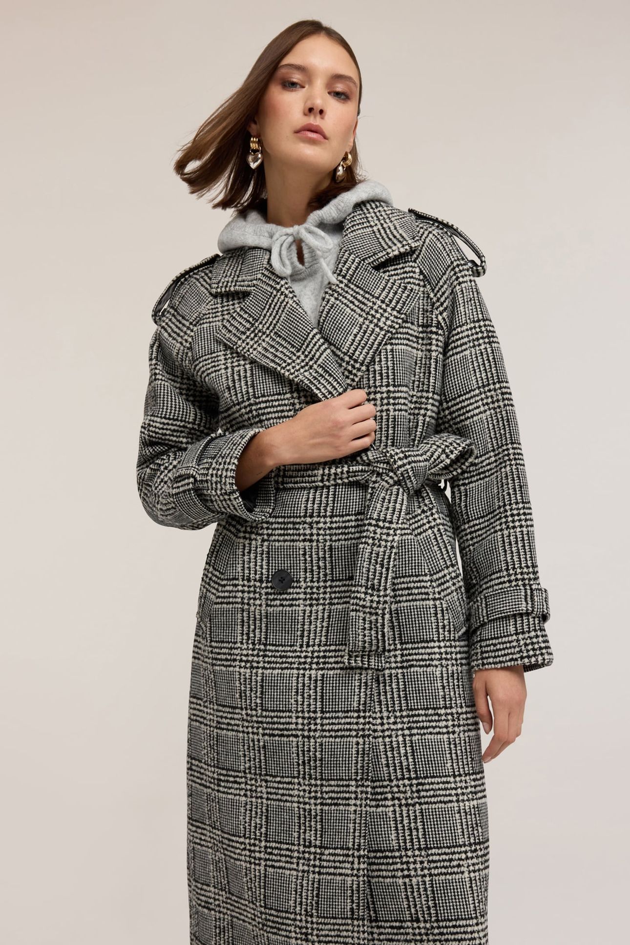 MIXED WOOL COAT IN CHECK PATTERN GREY 2