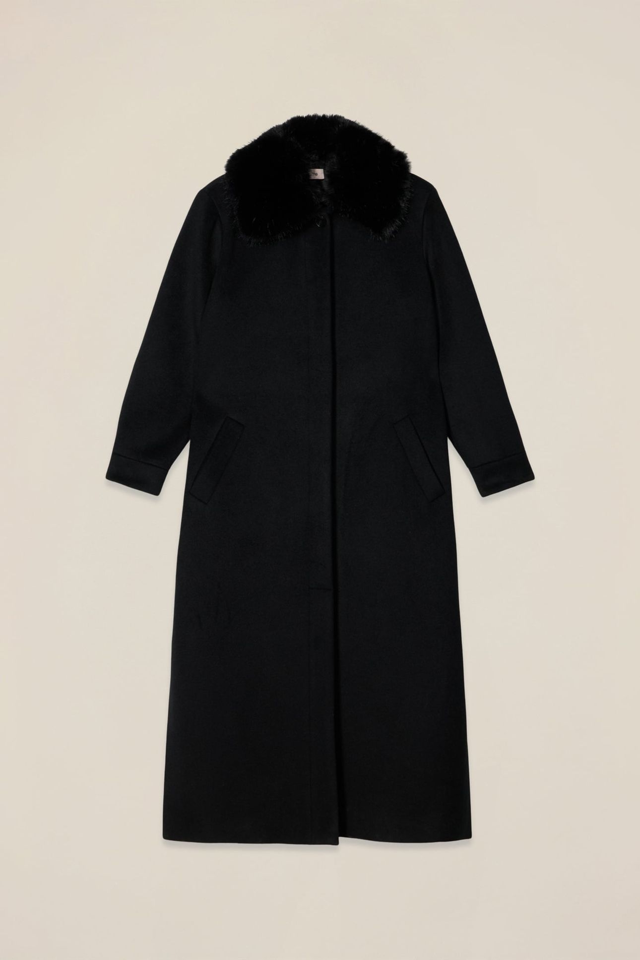 LONG MIXED WOOL COAT WITH FURRY COLLAR BLACK 3