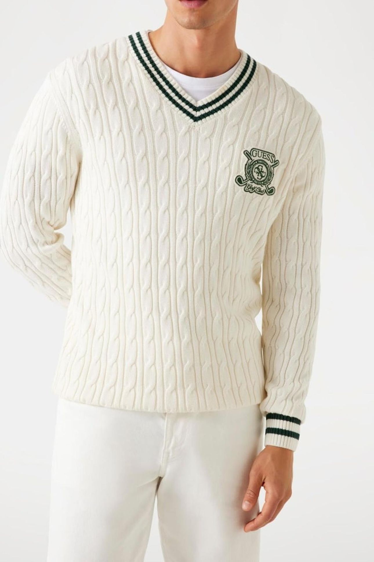 HEWIE V NECK CABLE S SALT WHITE 5