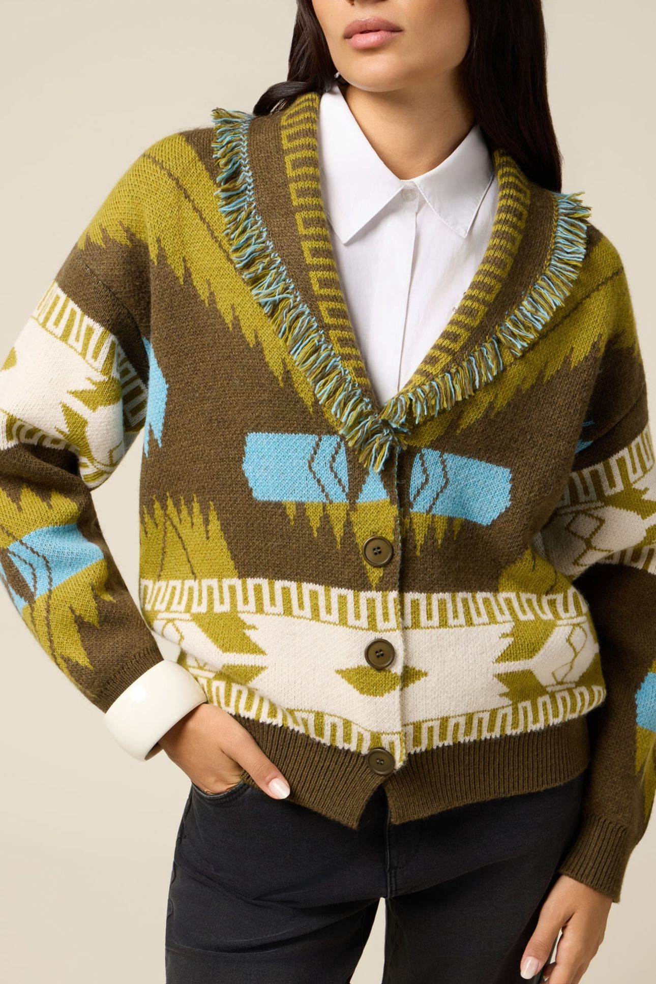 KNITTED CARDIGAN WITH DECORATIVE FRINGE GREEN 1