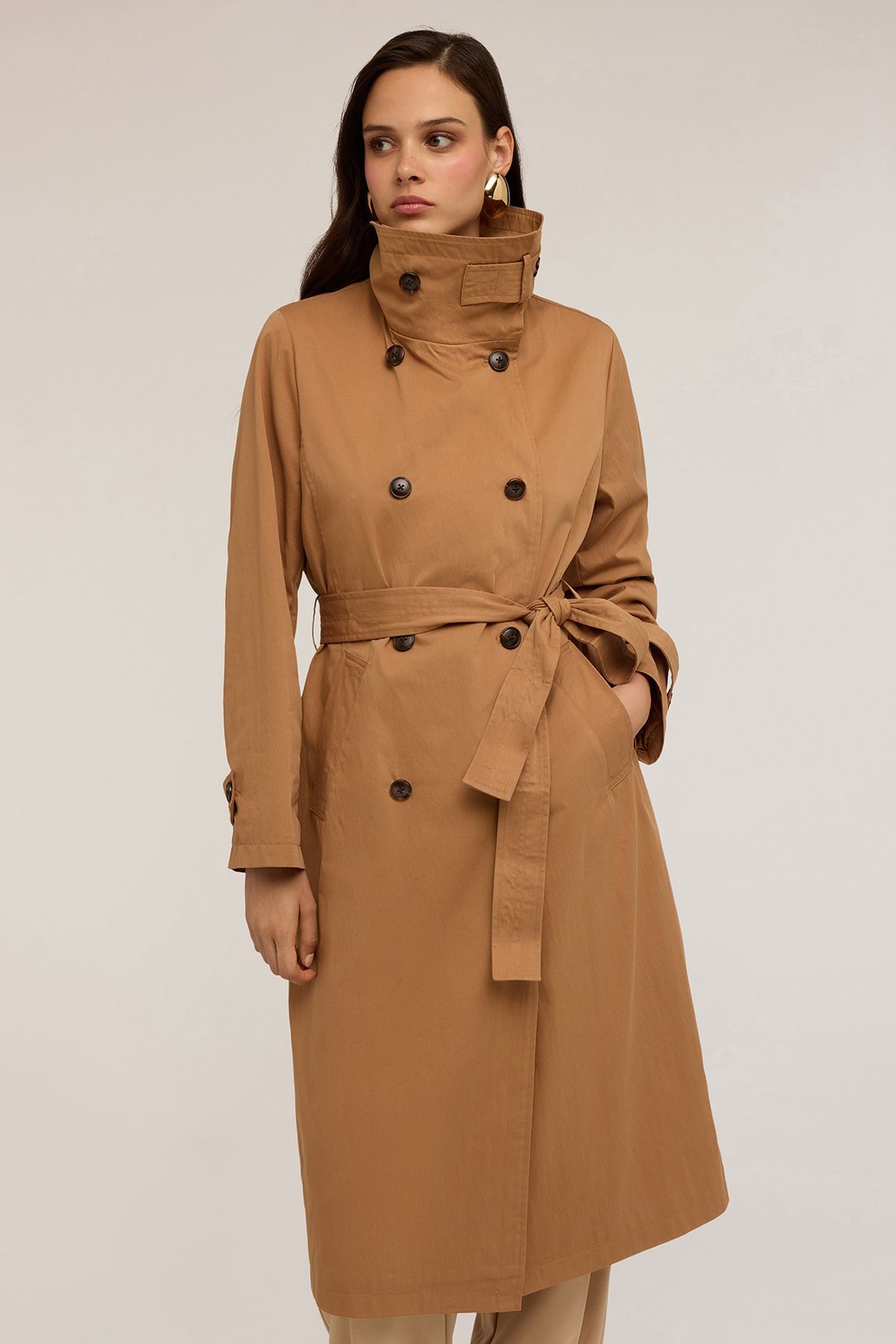 HIGH-NECK TRENCH COAT IN TECHNICAL FABRIC BROWN 1