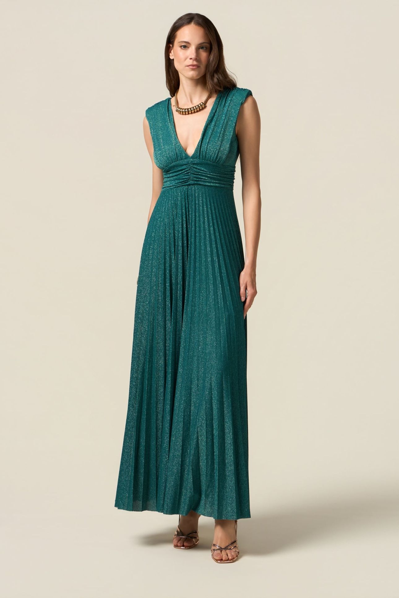 LONG PLEATED DRESS IN LUREX JERSEY TEAL 1