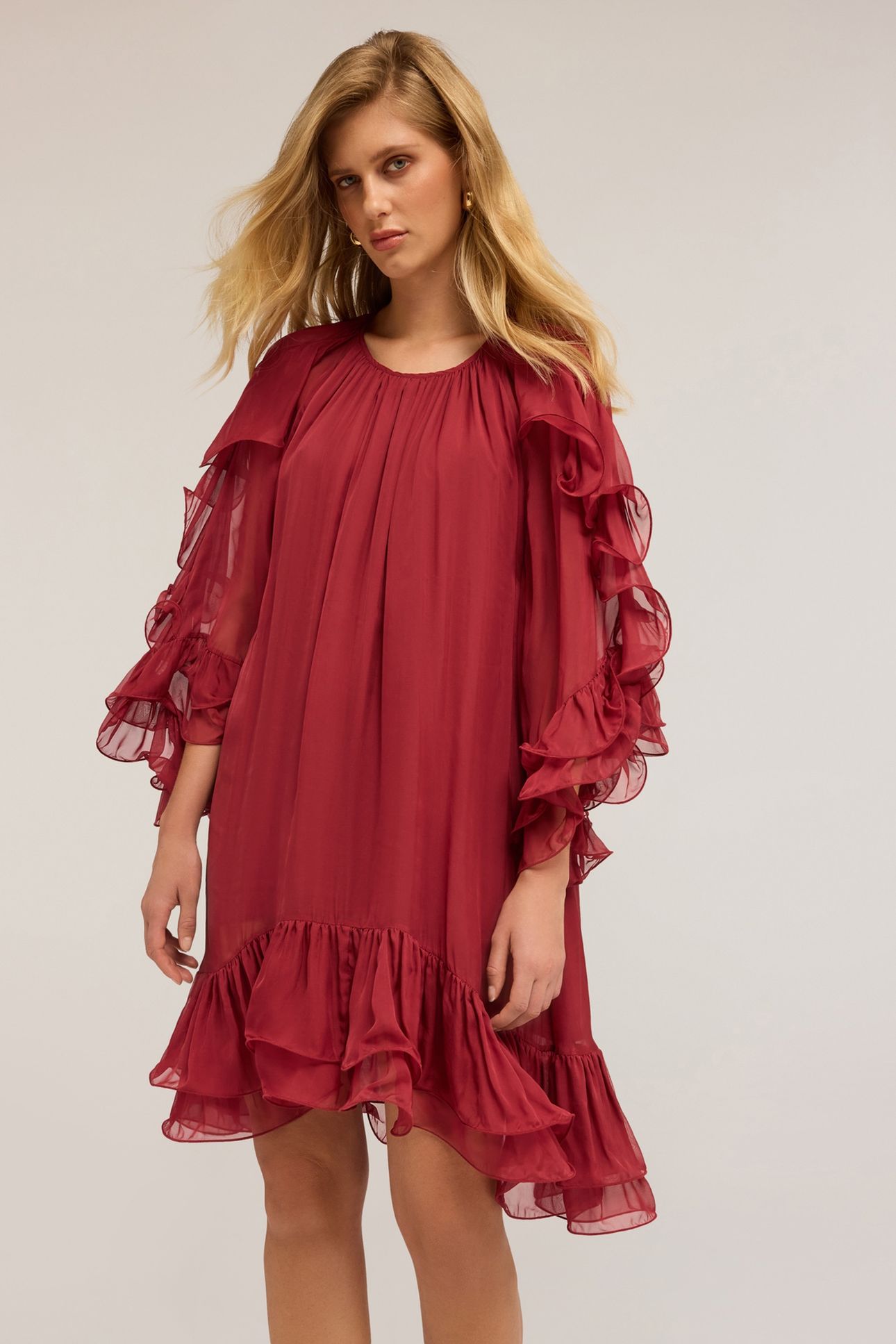 SHORT DRESS WITH RUFFLES BURGUNDY 1