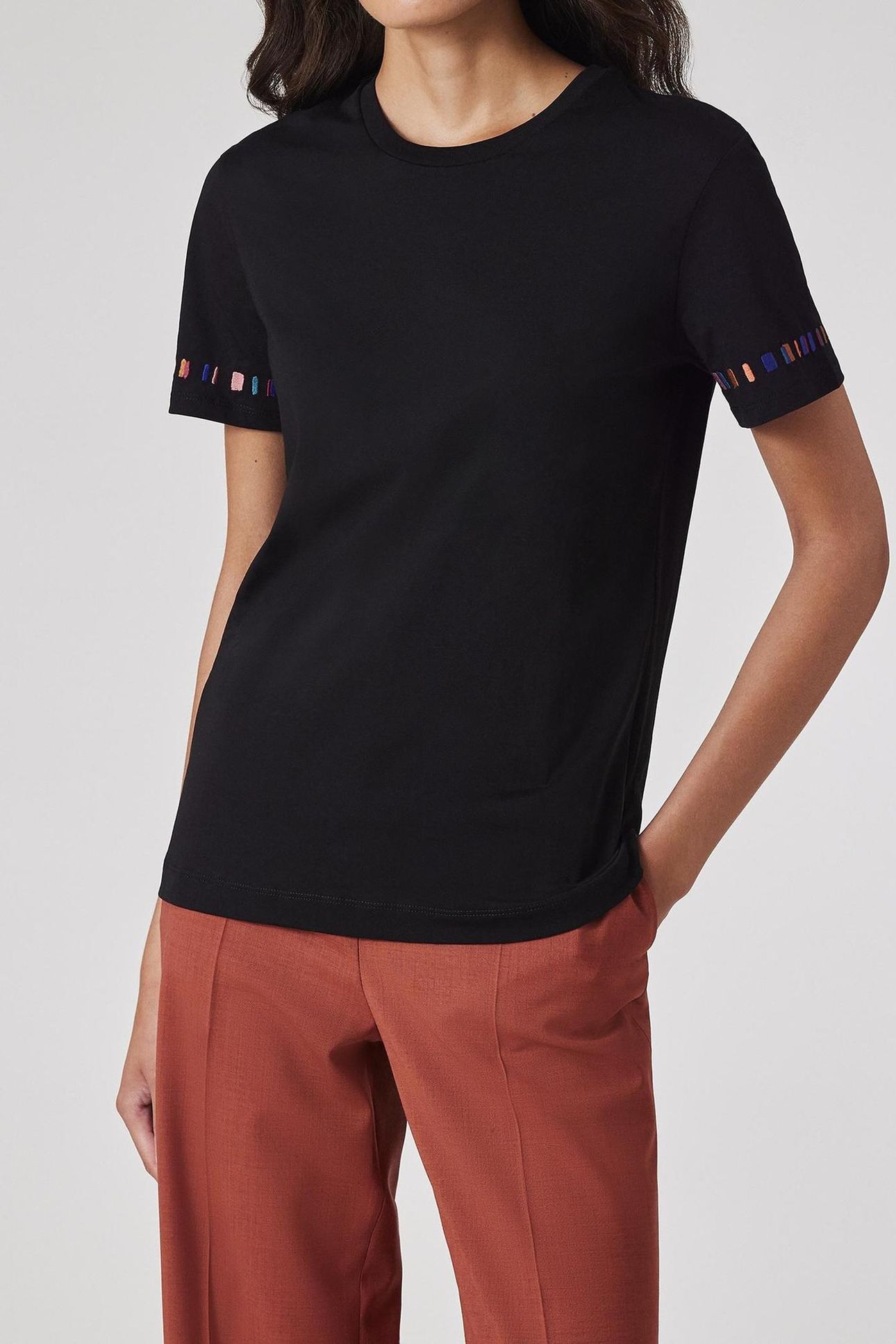 WOMENS STRIPE SLEEVE EMB T-SHIRT BLACK 1