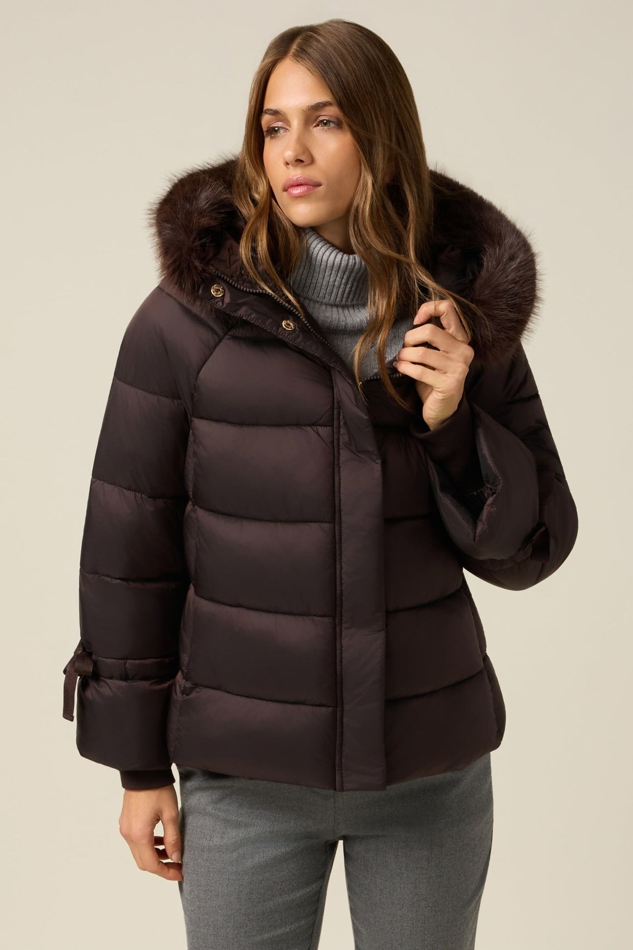 DOWN JACKET WITH HOOD AND FURRY TRIM BROWN 2