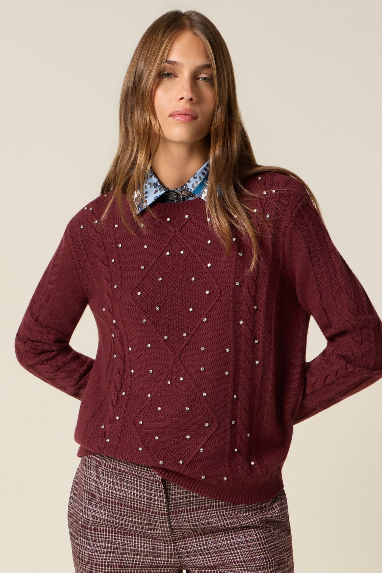 CASHMERE BLEND SWEATER WITH BEZELS BURGUNDY 1