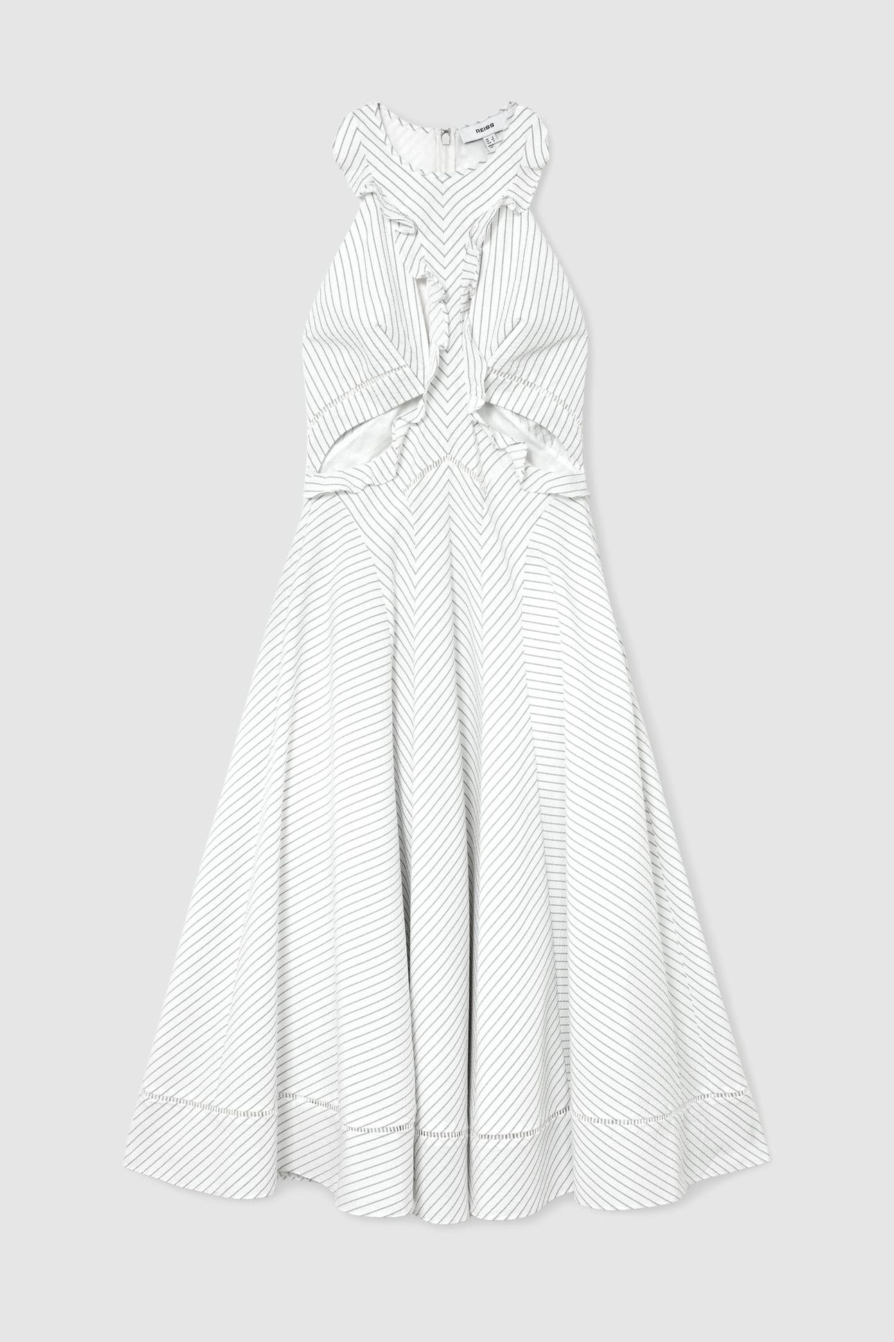 RUFFLE DETAIL STRIPED MIDI DRESS IVORY/BLUE 4