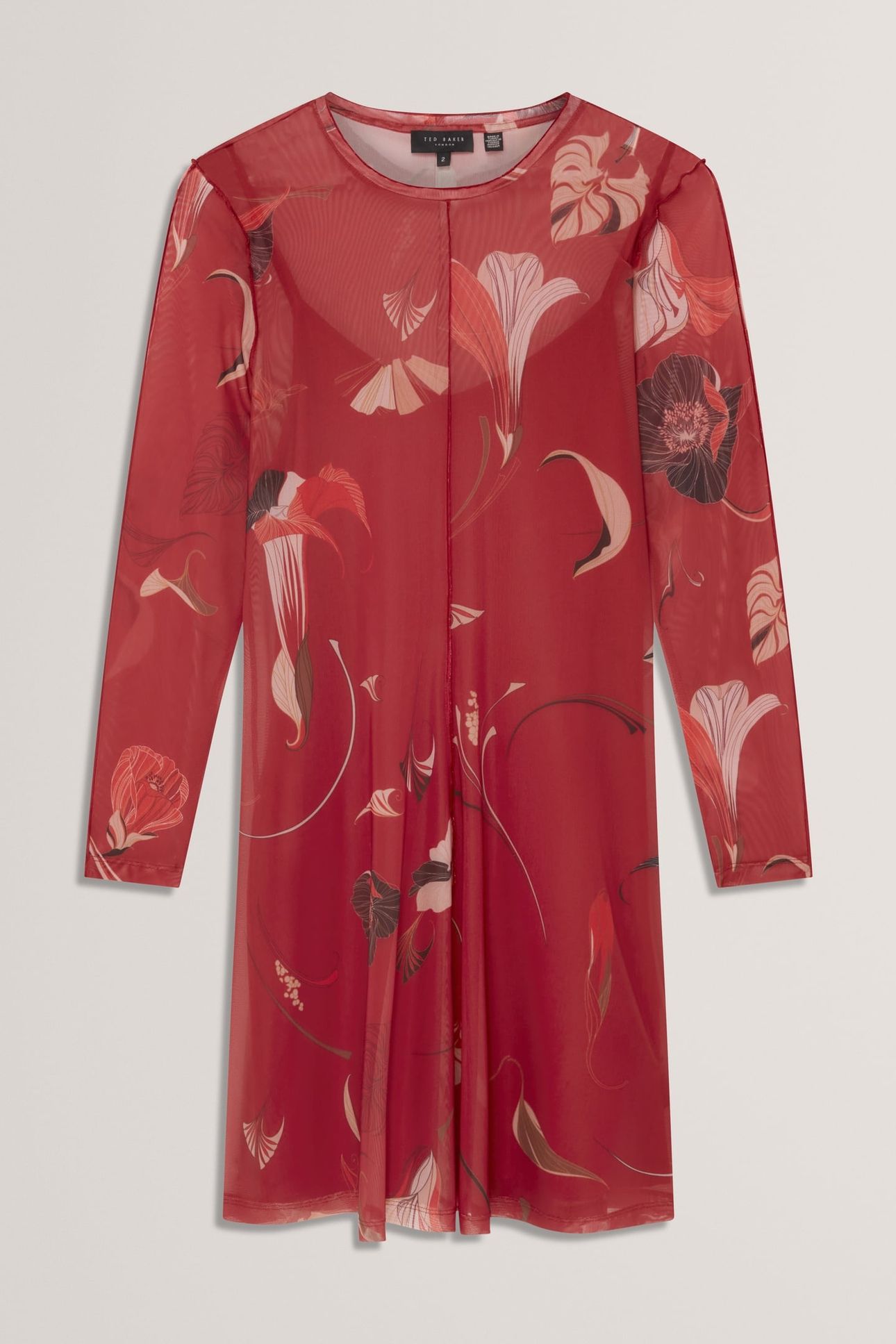 MESH LONG SLEEVE PRINTED MIDI DRESS RED 3