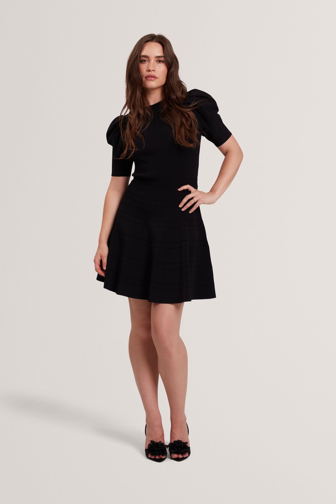 PUFF SLEEVE DRESS WITH SKATER STYLE SKIRT BLACK 1