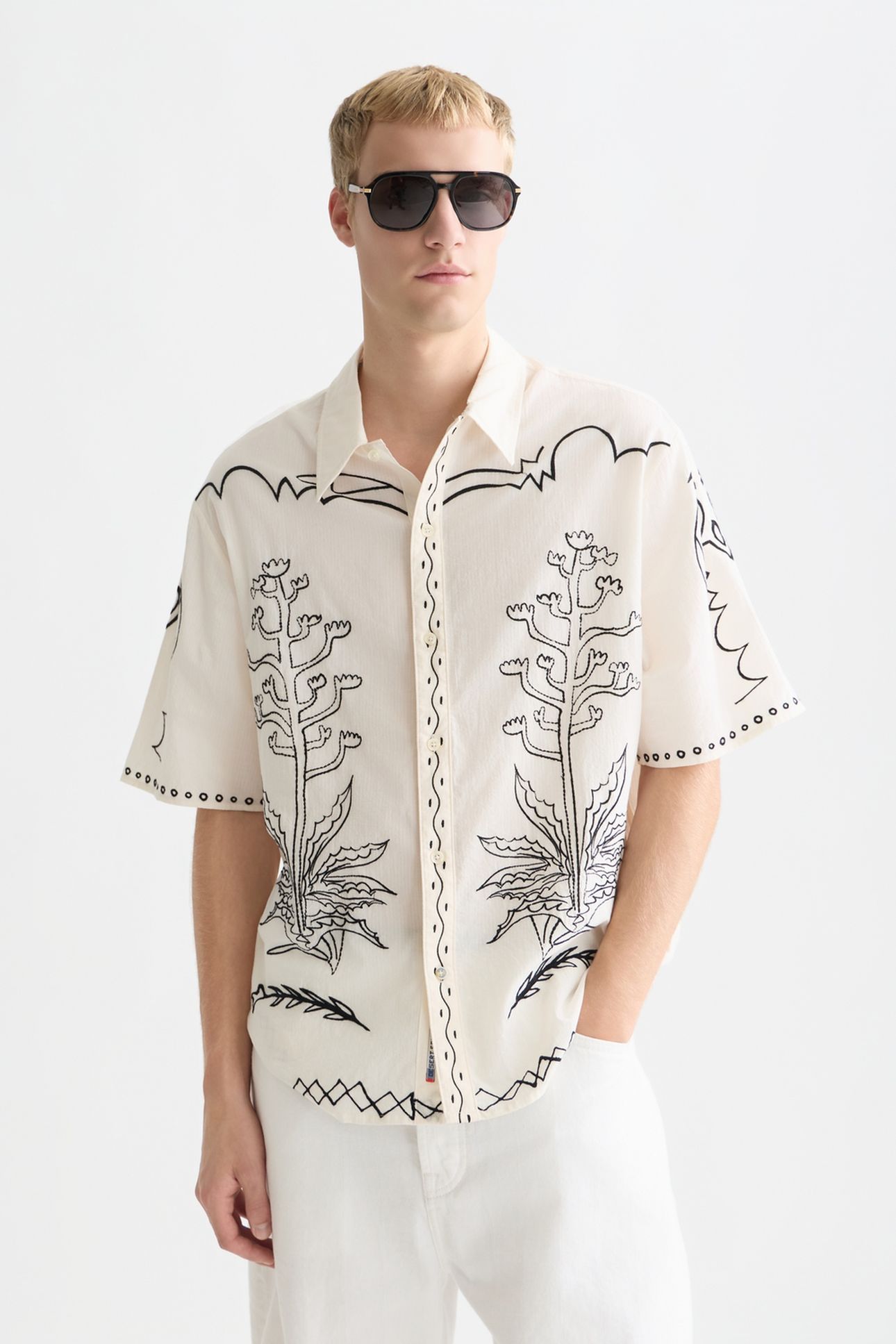 EMBROIDERED SEERSUCKER RELAXEDFIT SHORTSLEEVED SHIRT WHITE T 1