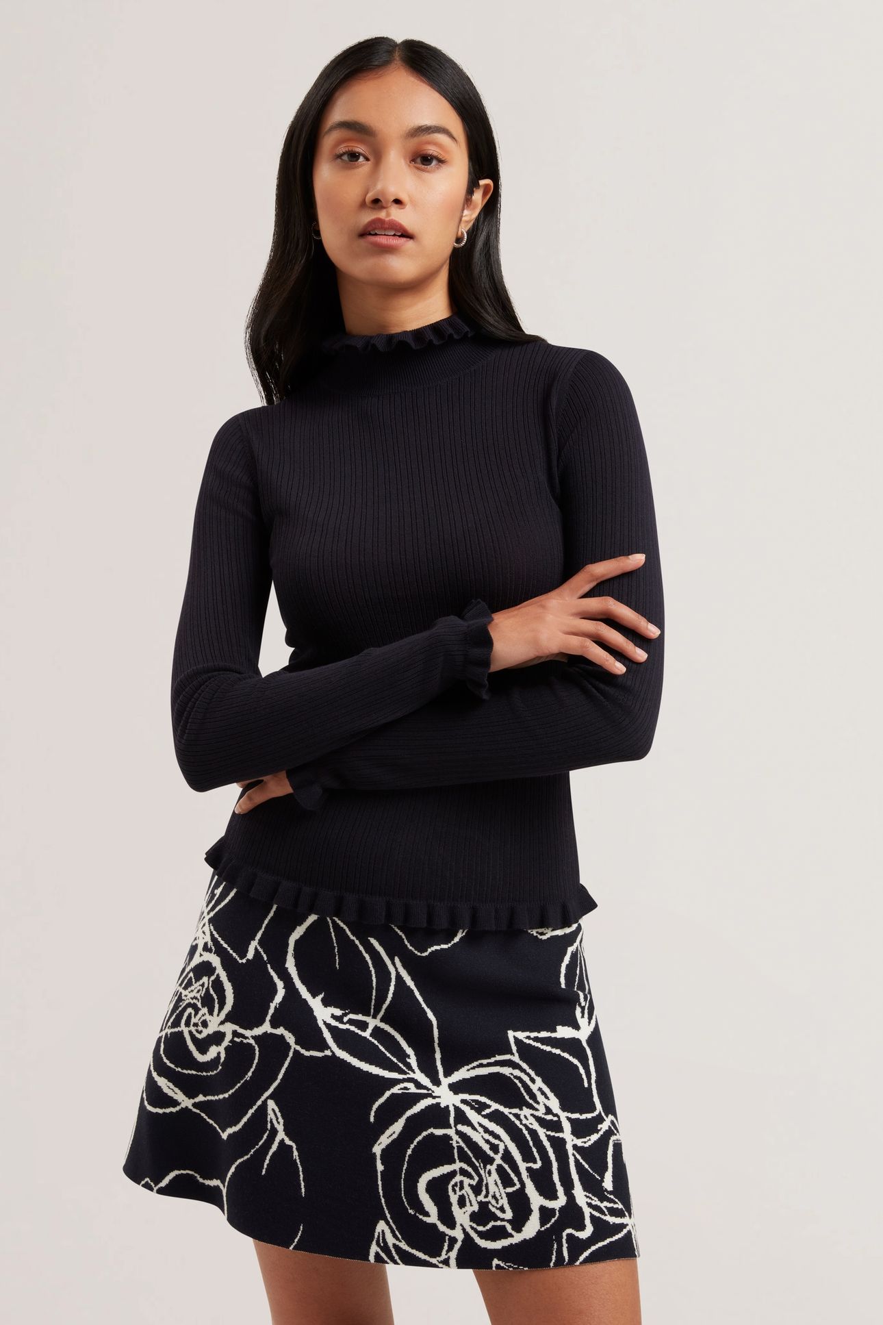 JANITTT RIB FUNNEL NECK FRILL JUMPER NAVY 1