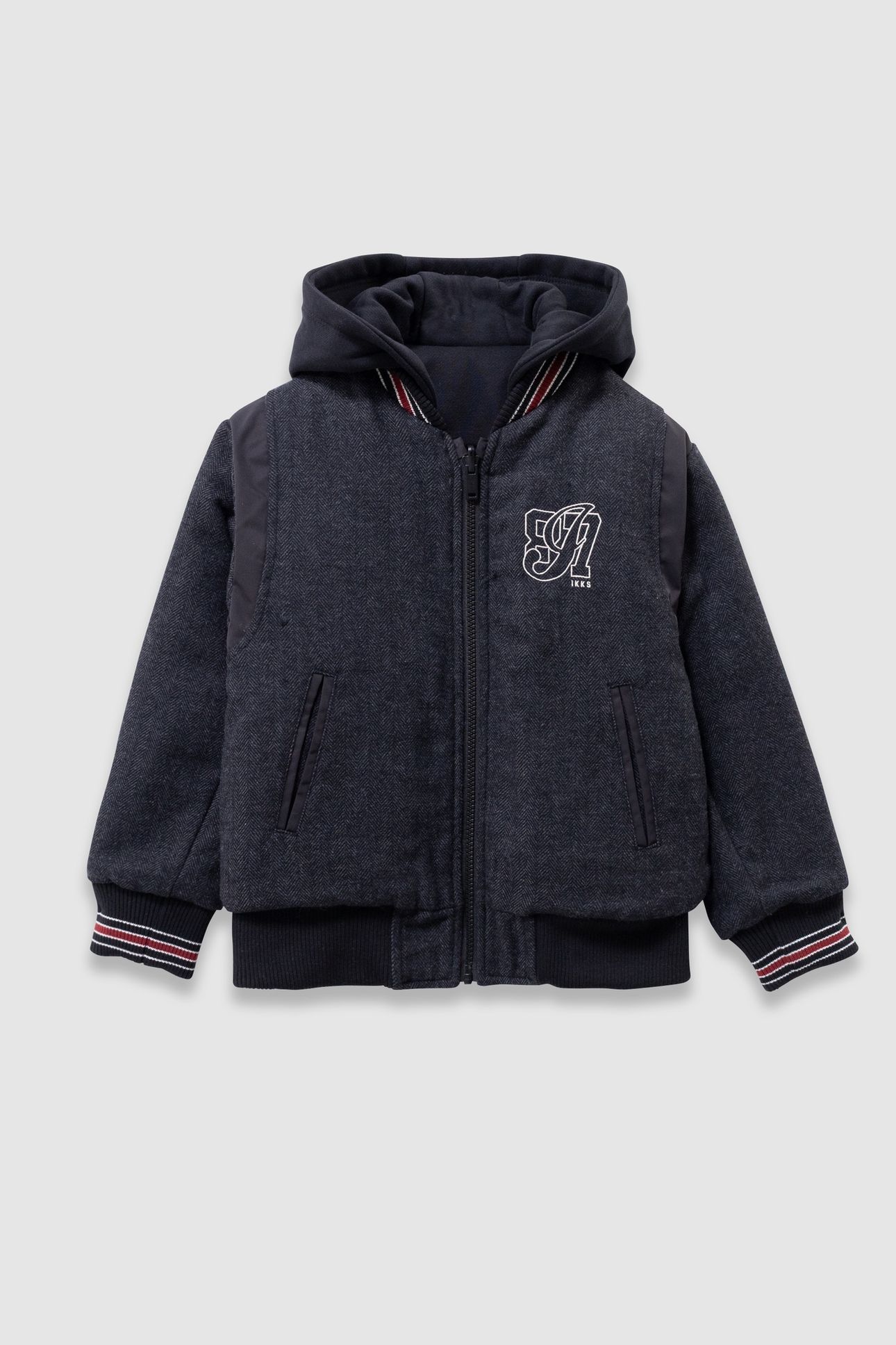 BOYS’ BLACK AND GREY REVERSIBLE VARSITY-STYLE JACKET 1