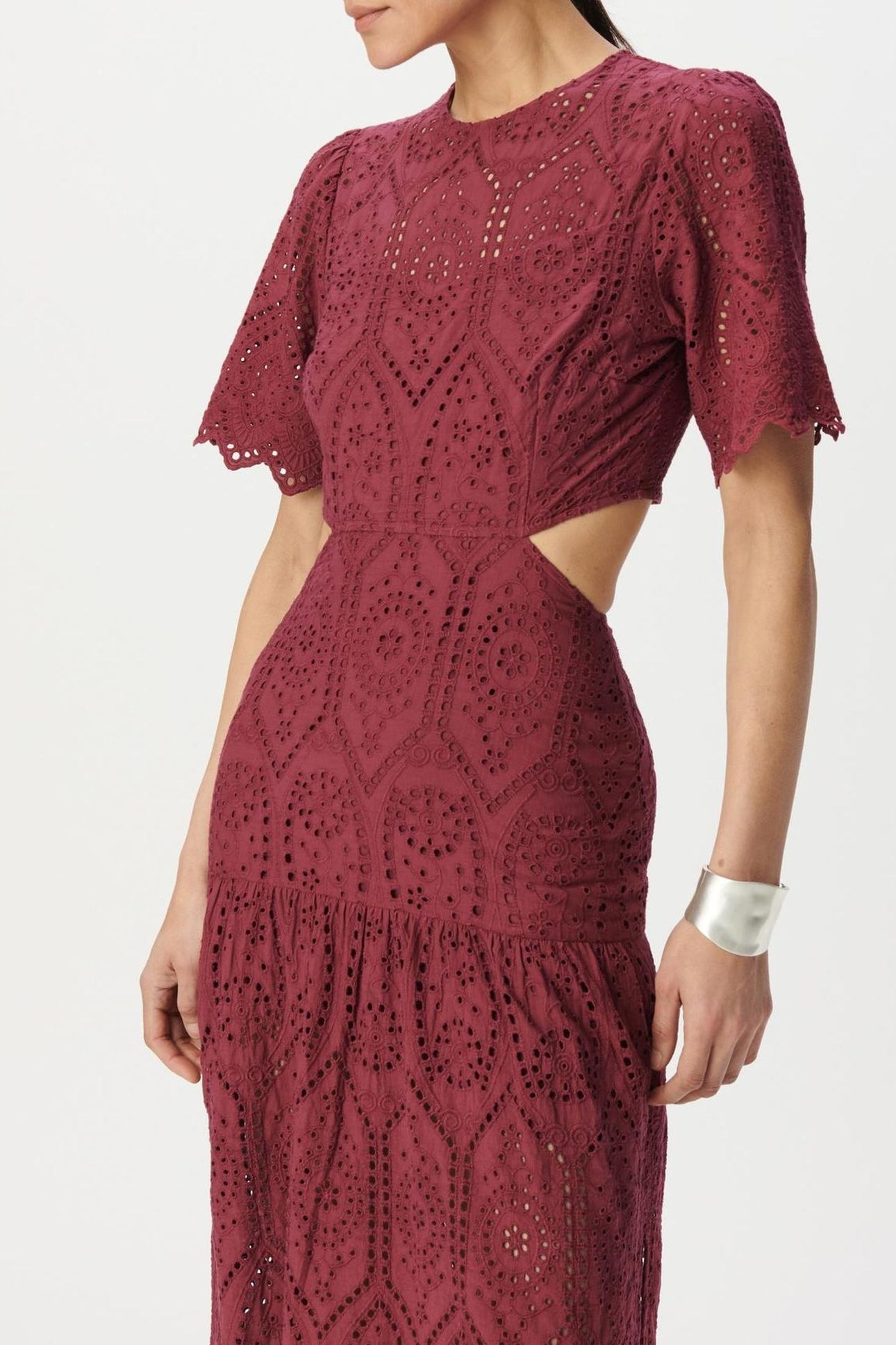 BURGUNDY EYELET EMBROIDERY OPEN BACK LONG DRESS 5