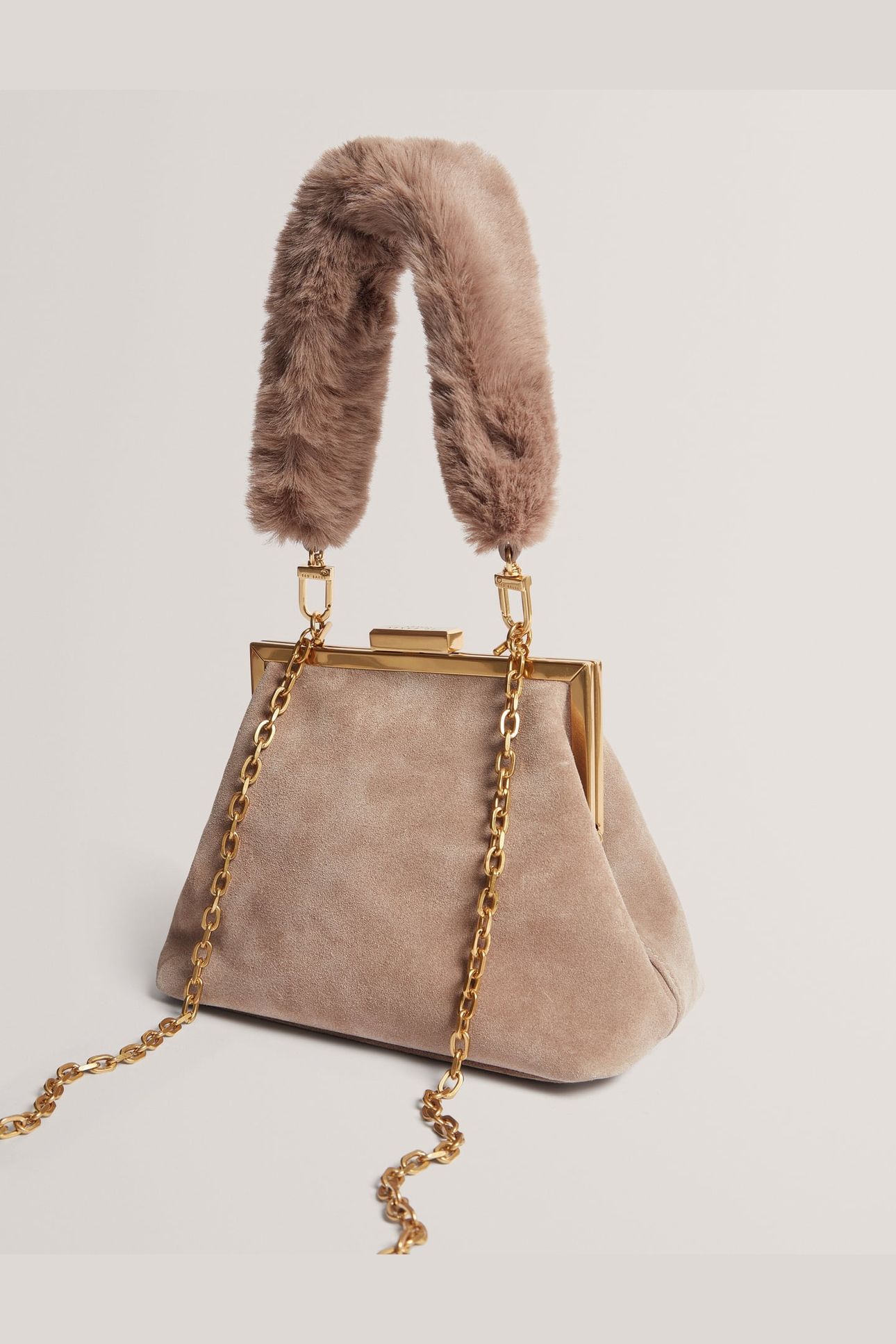 LEATHER SUEDE FUR HANDLE CLUTCH BAG TAUPE 2