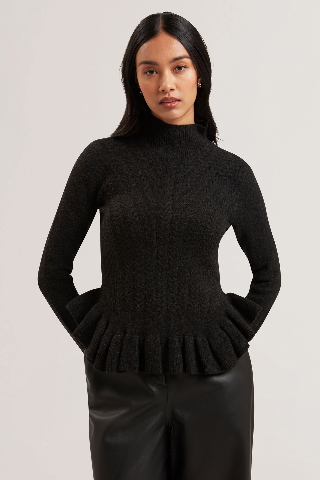 VIOLHA CROPPED PEPLUM CABLE KNIT SWEATER GREY 1