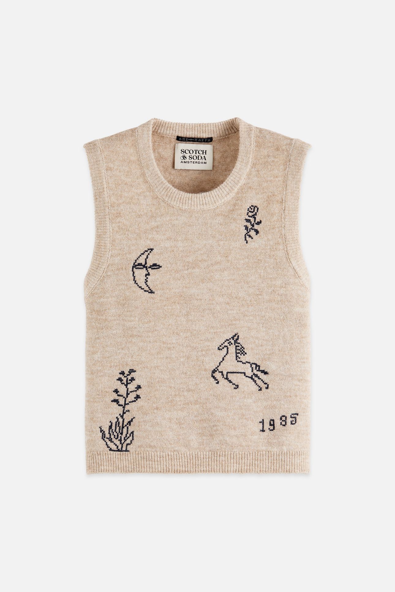 EMBROIDERED CREW NECK KNITTED TANK OATMEAL MELANGE 4