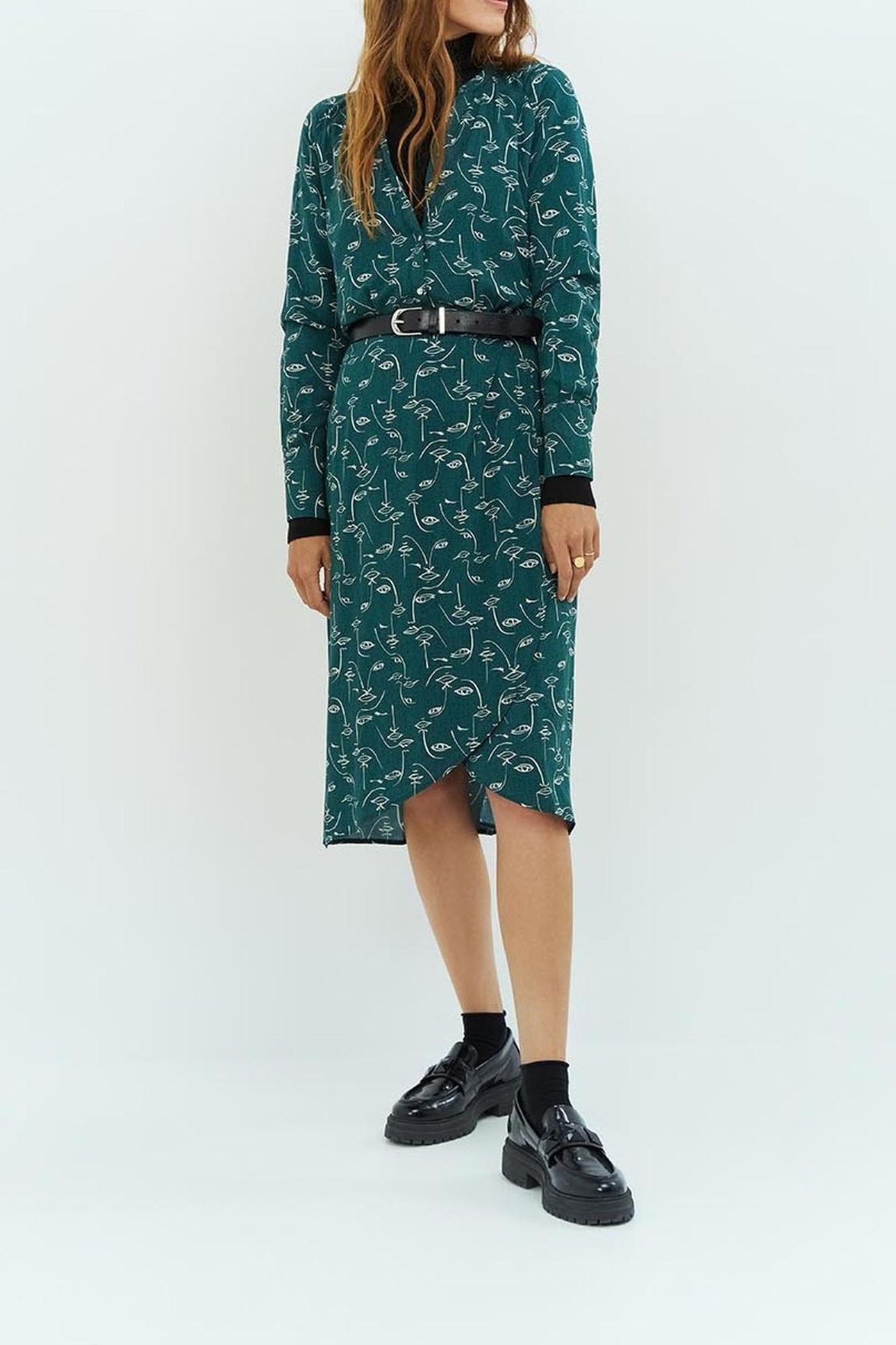REVERDY _ CEDAR GREEN MIDI DRESS WITH FACE PRINT 1