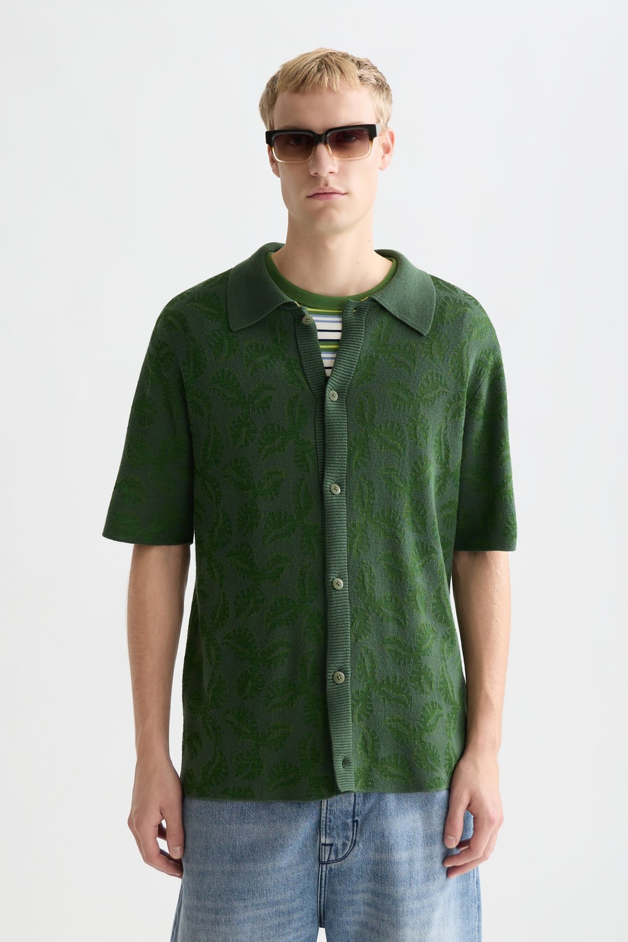 TONEONTONE KNITTED SHORT SLEEVE SHIRT DARK GREEN 1