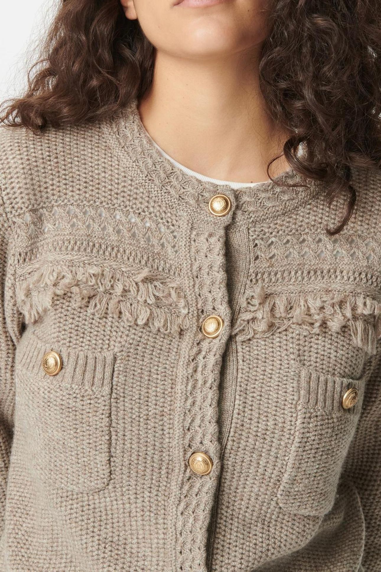BEIGE KNIT CARDIGAN, FRINGED DETAILS, GOLD BUTTONS 6