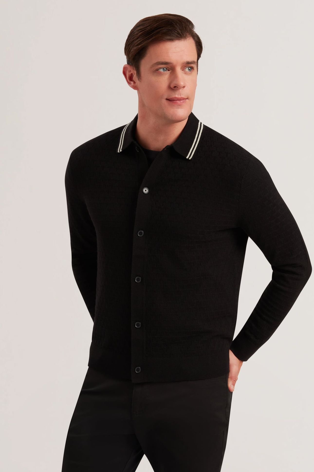 RODEN LS BUTTON THROUGH T STITCH SHIRT BLACK 1