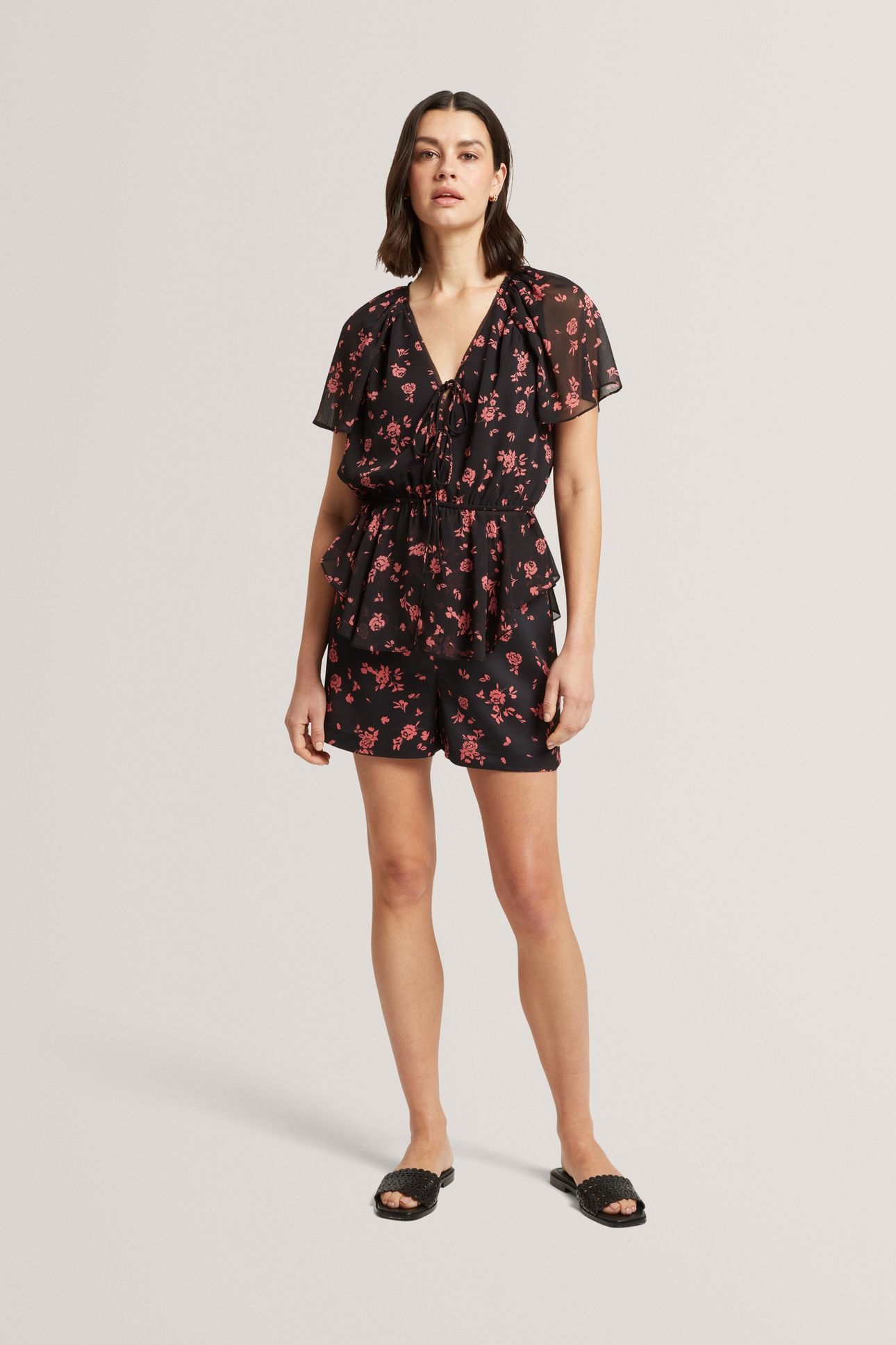 PRINTED TIE FRONT BALLOON SLEEVE BLOUSE BLACK 1