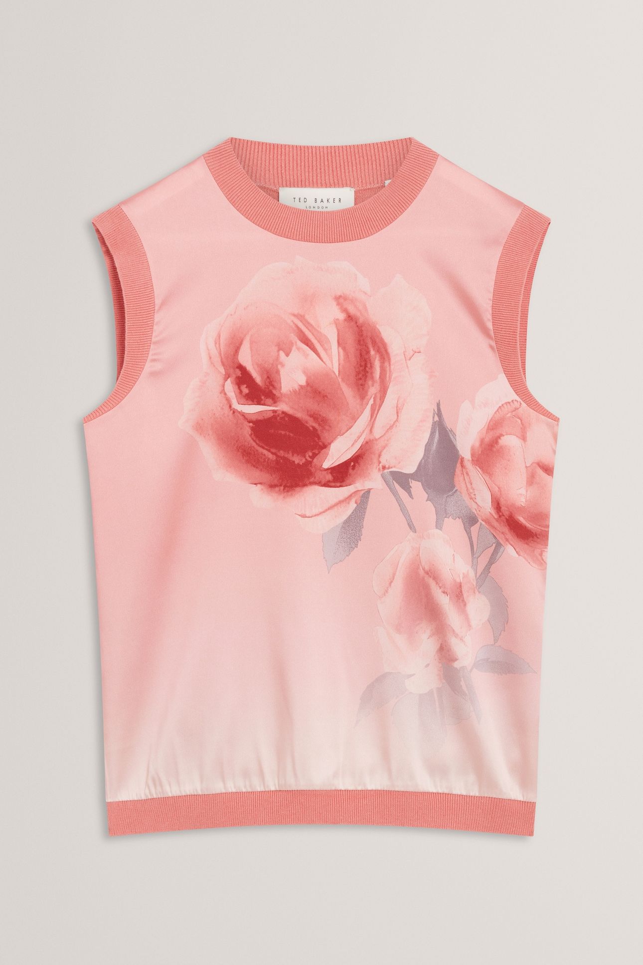 FLORAL PRINTED WOVEN FRONT KNIT TANK CORAL 1