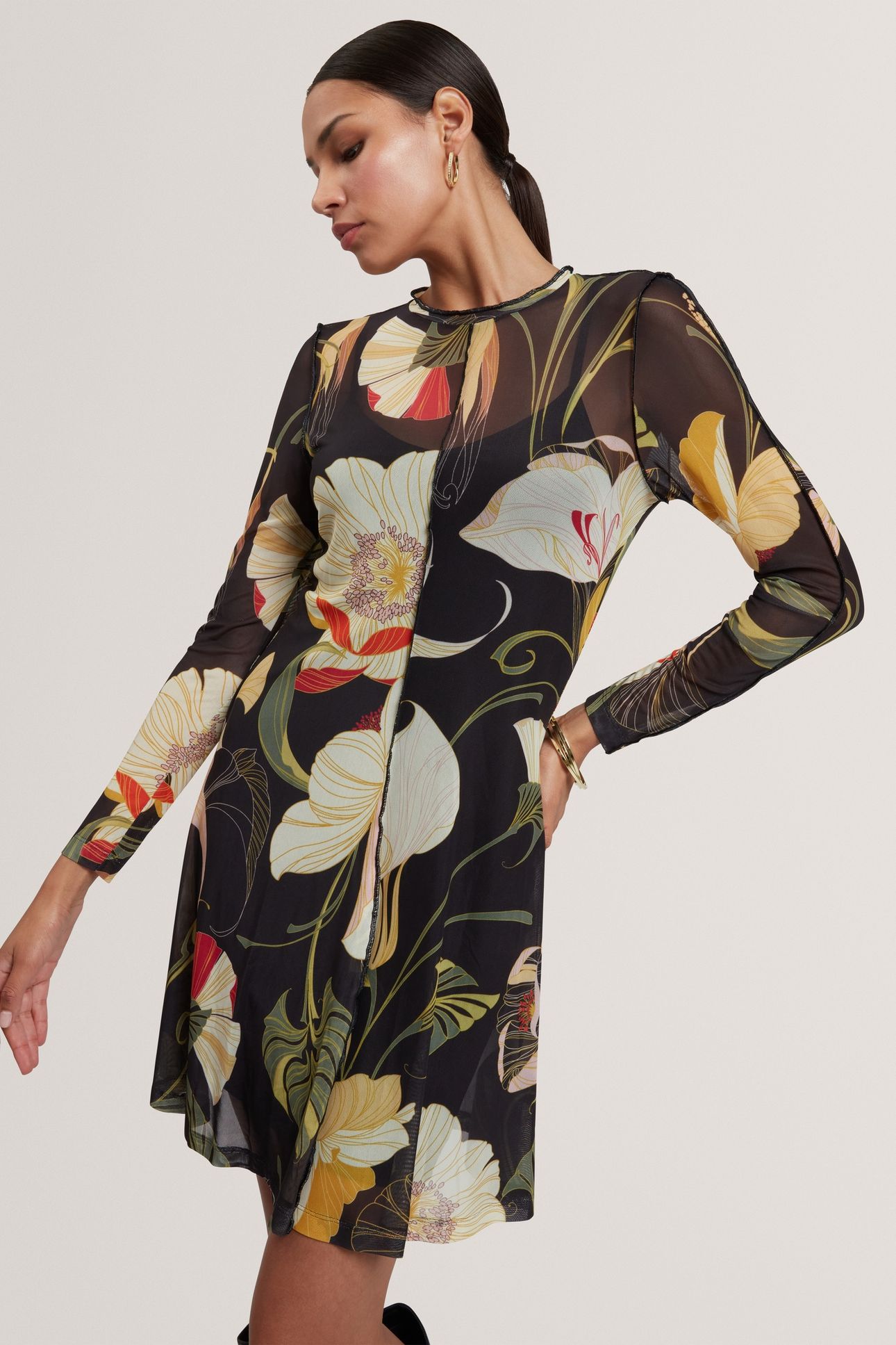 MESH LONG SLEEVE MIDI DRESS BLACK 1