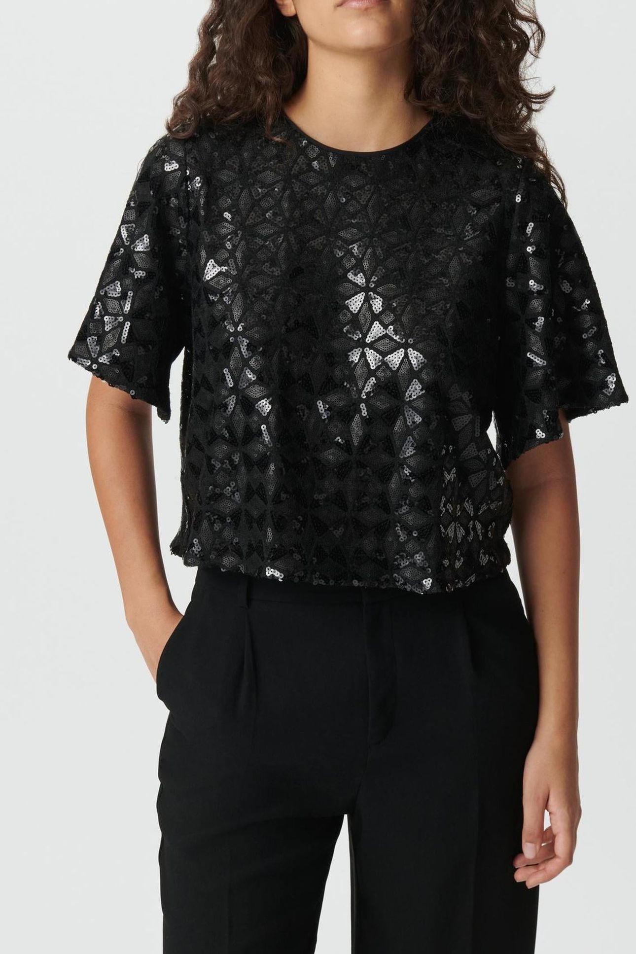 BLACK EMBROIDERED SEQUIN TOP, BUTTERFLY SLEEVES 1