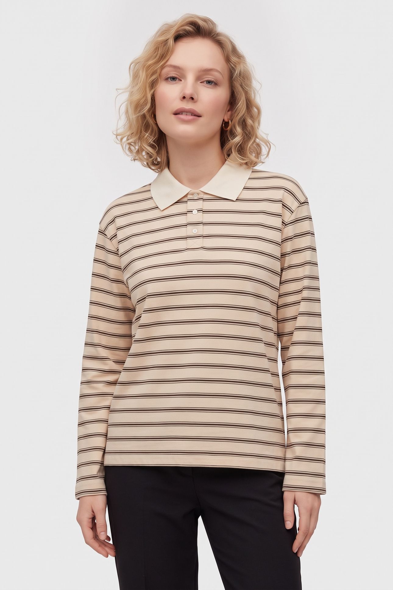 UNISEX POLO LONG SLEEVE STRIPED ECRU 1