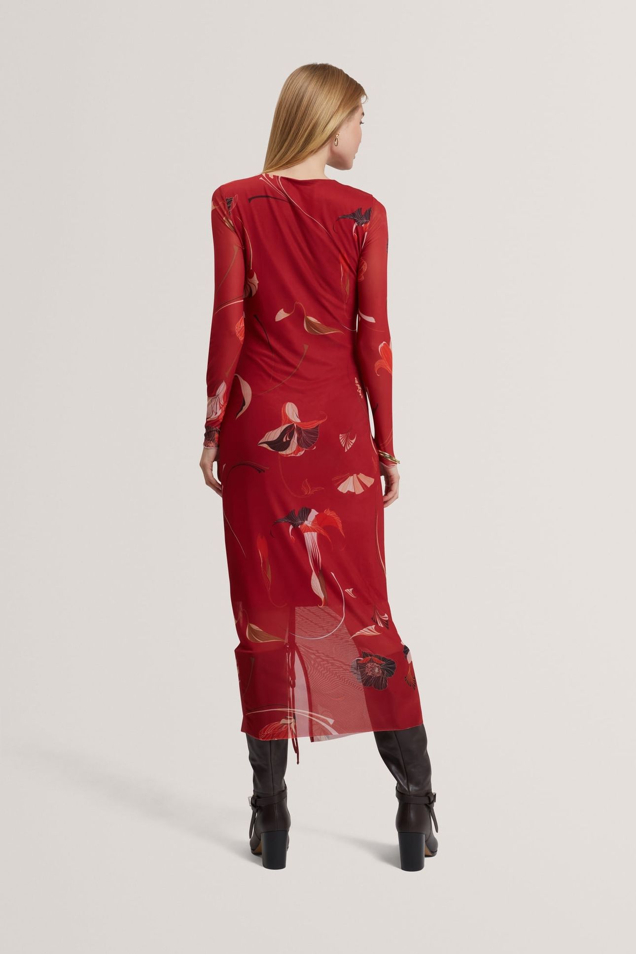BODYCON MESH GATHERED MIDI DRESS RED 2