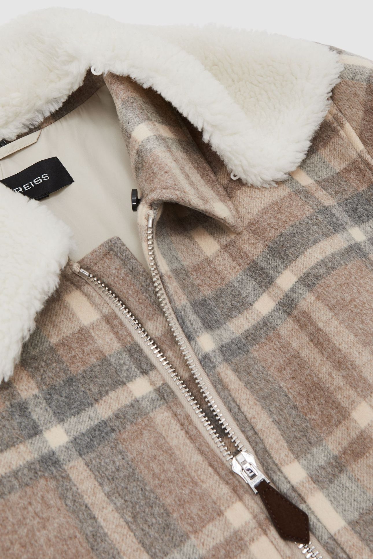 LS CHECK ZIP THROUGH BORG COLLAR JACKET OATMEAL BROWN 4