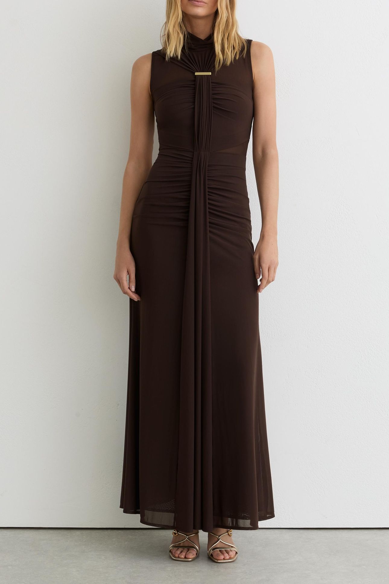 RUCHED SLEEVELESS MAXI DRESS CHOCOLATE BROWN 1