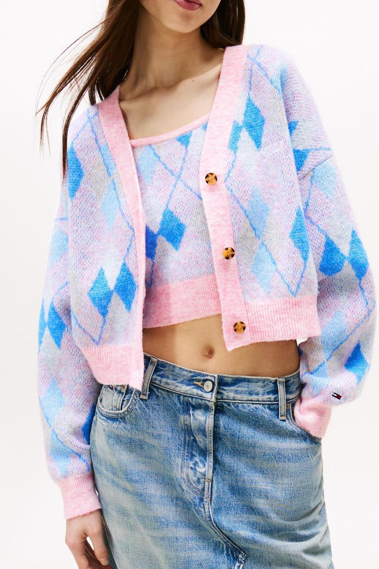 TJW CROP ARGYLE CARDIGAN CARNIVAL PINK/MULTI 1
