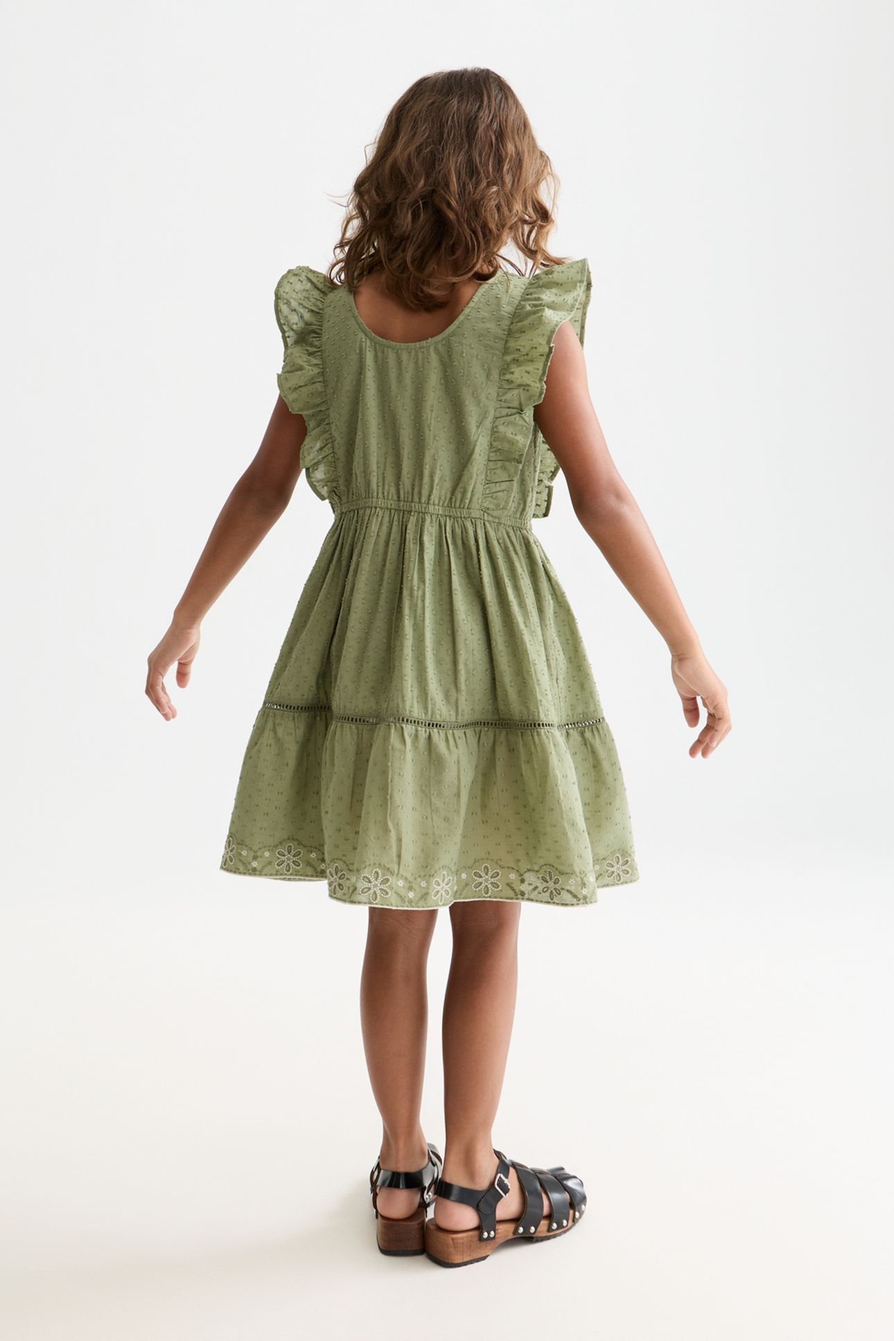 GIRLS EMBROIDERED HEM CLIP JACQUARD COTTON DRESS DARK GREEN 2