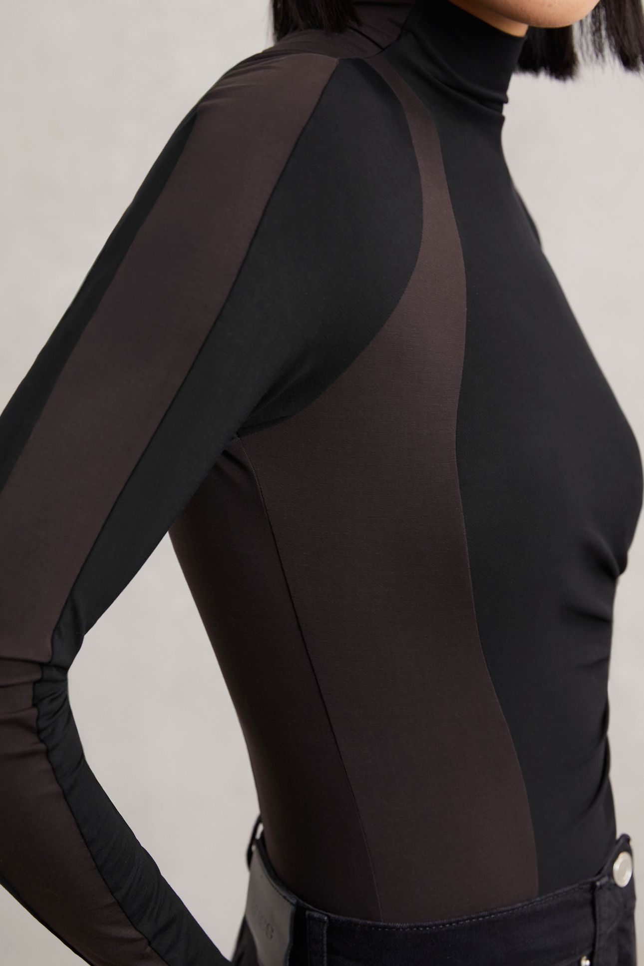PATTERNED RUCHED BODYSUIT BLACK/CHOCOLATE BROWN 5