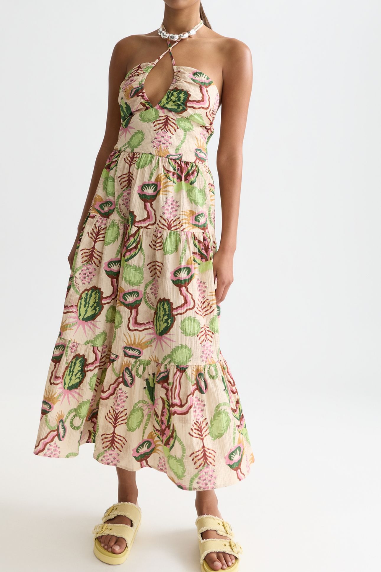 COTTON SEERSUCKER KEYHOLE HALTER MIDI DRESS DESERT FLORAL CA 1