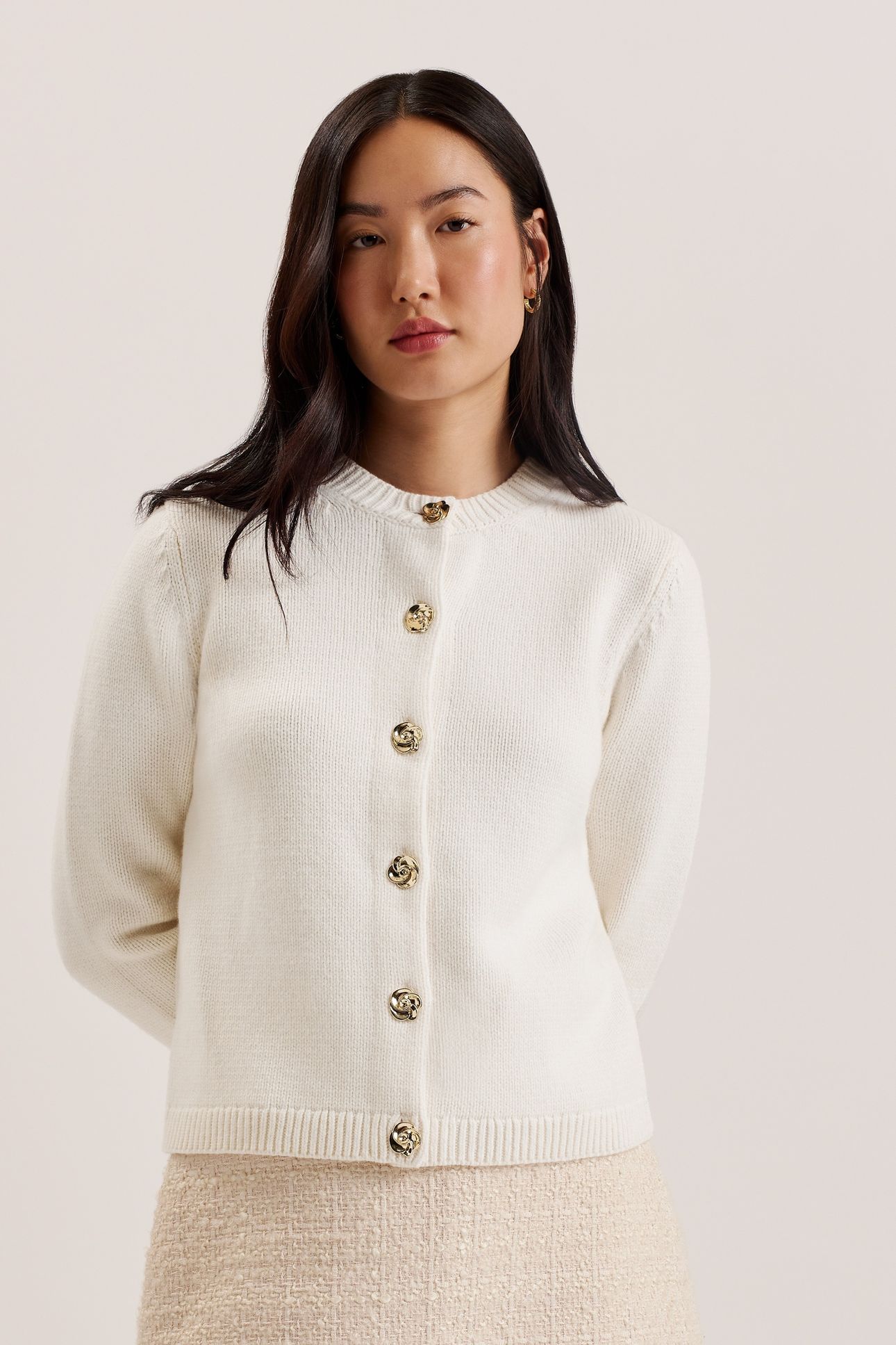 JAYCEY ROSE BUTTON CREW NECK CARDIGAN IVORY 1