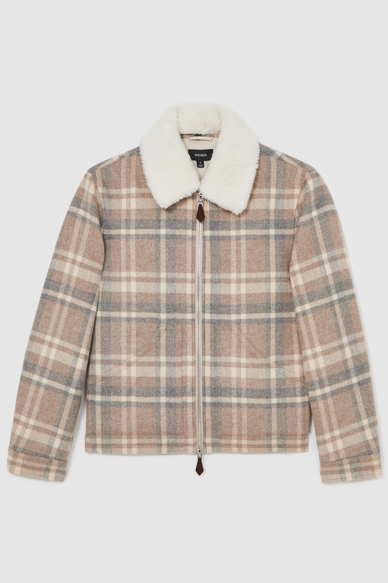LS CHECK ZIP THROUGH BORG COLLAR JACKET OATMEAL BROWN 3